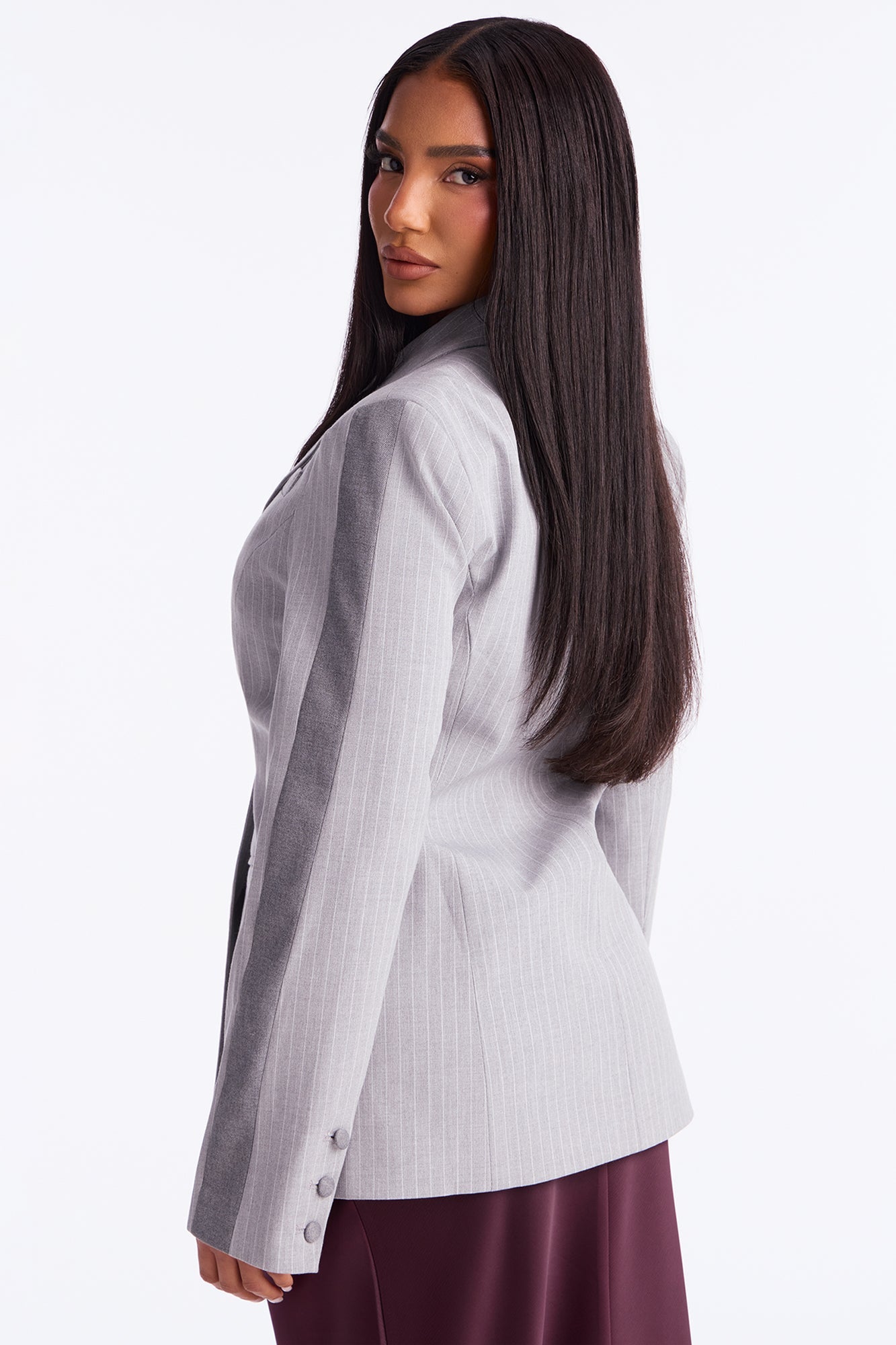 Evianna Twill Rigid Pinstripe Fitted Blazer - Charcoal/combo