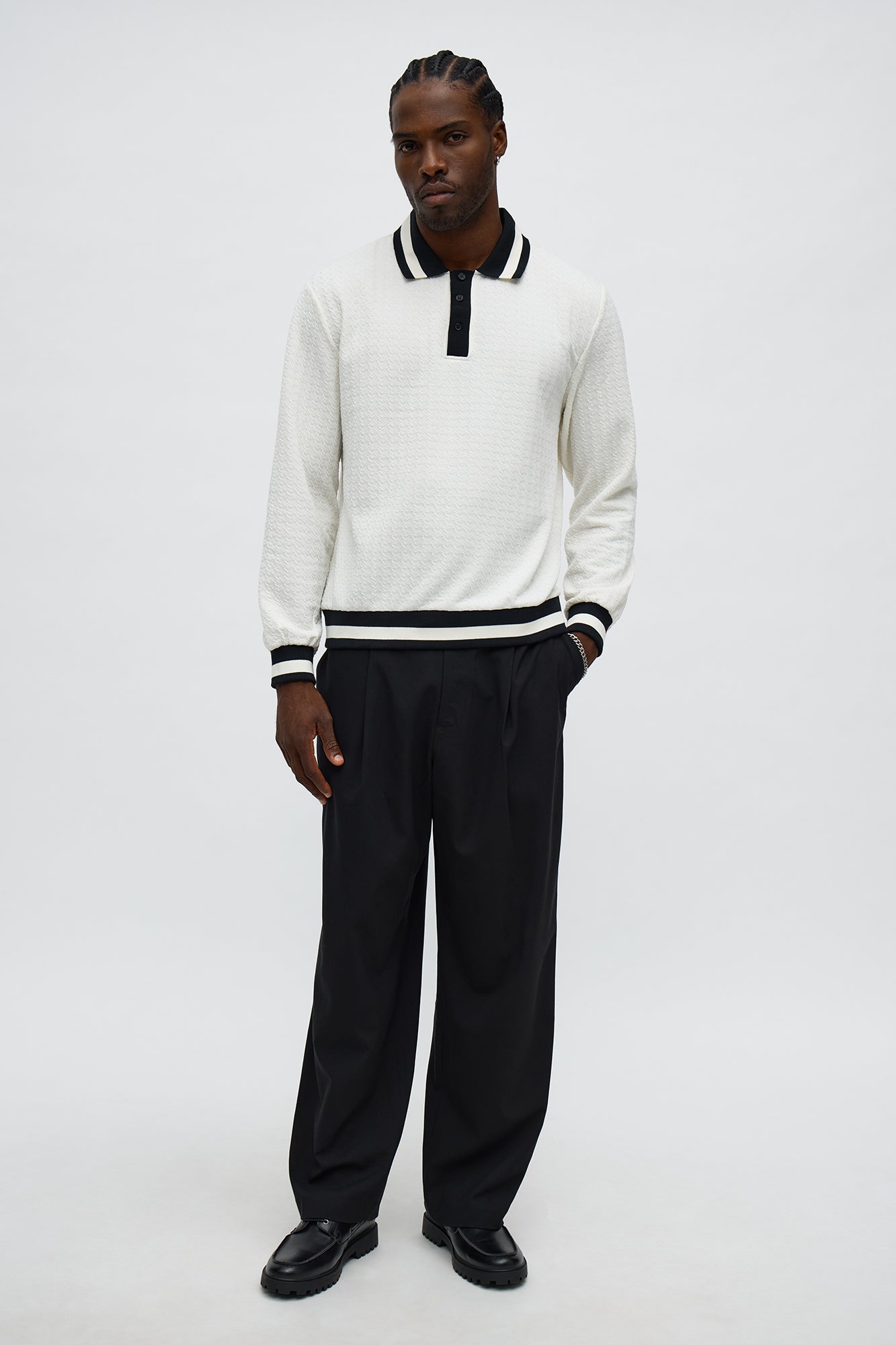 Andrew Textured Knit Long Sleeve Polo - Cream/combo