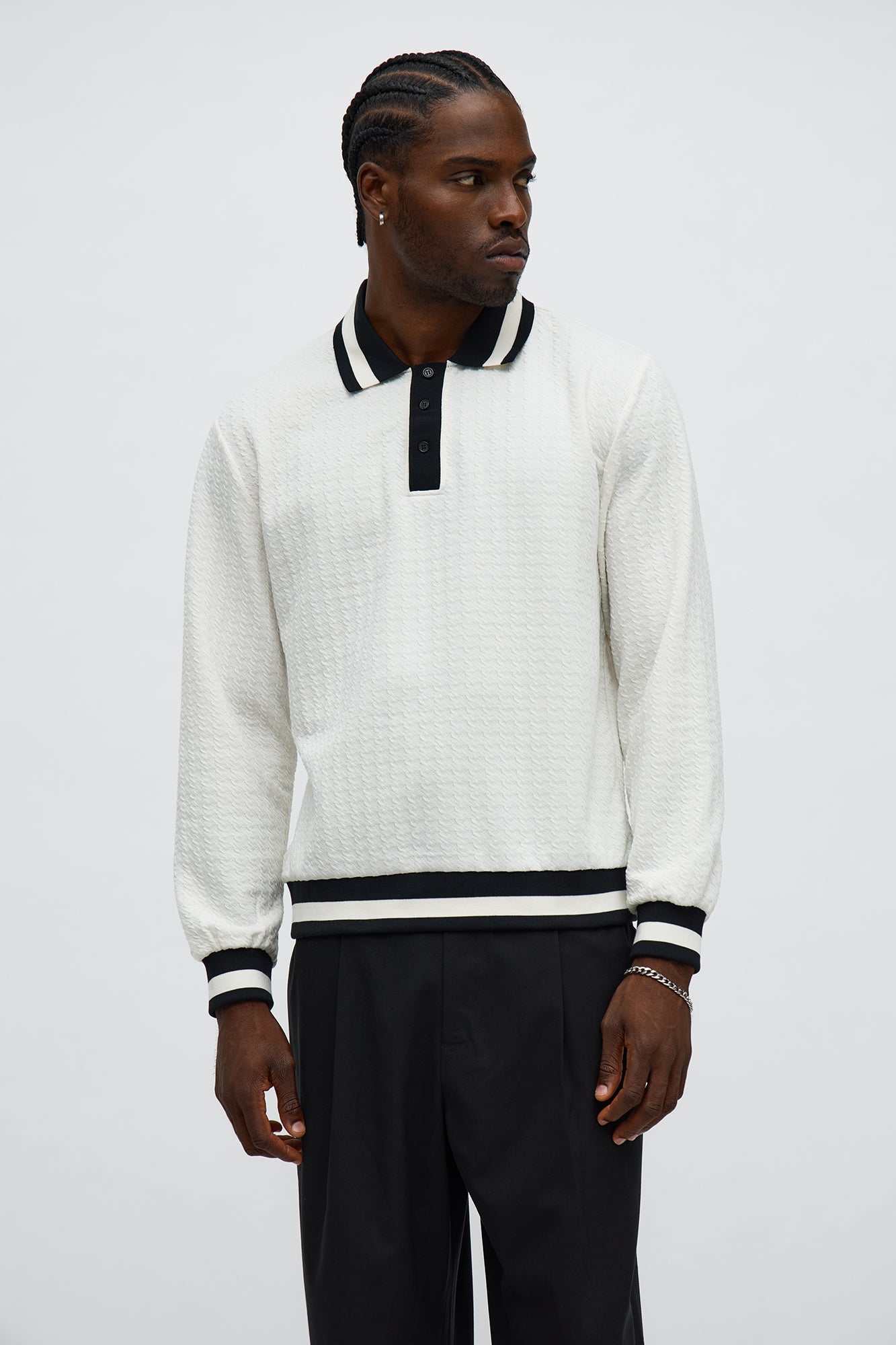 Andrew Textured Knit Long Sleeve Polo - Cream/combo