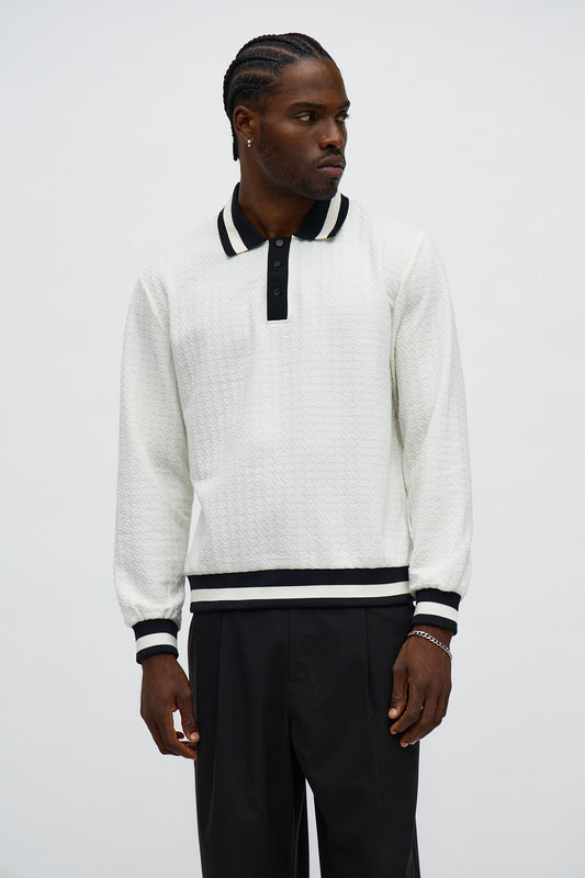 Andrew Textured Knit Long Sleeve Polo - Cream/combo