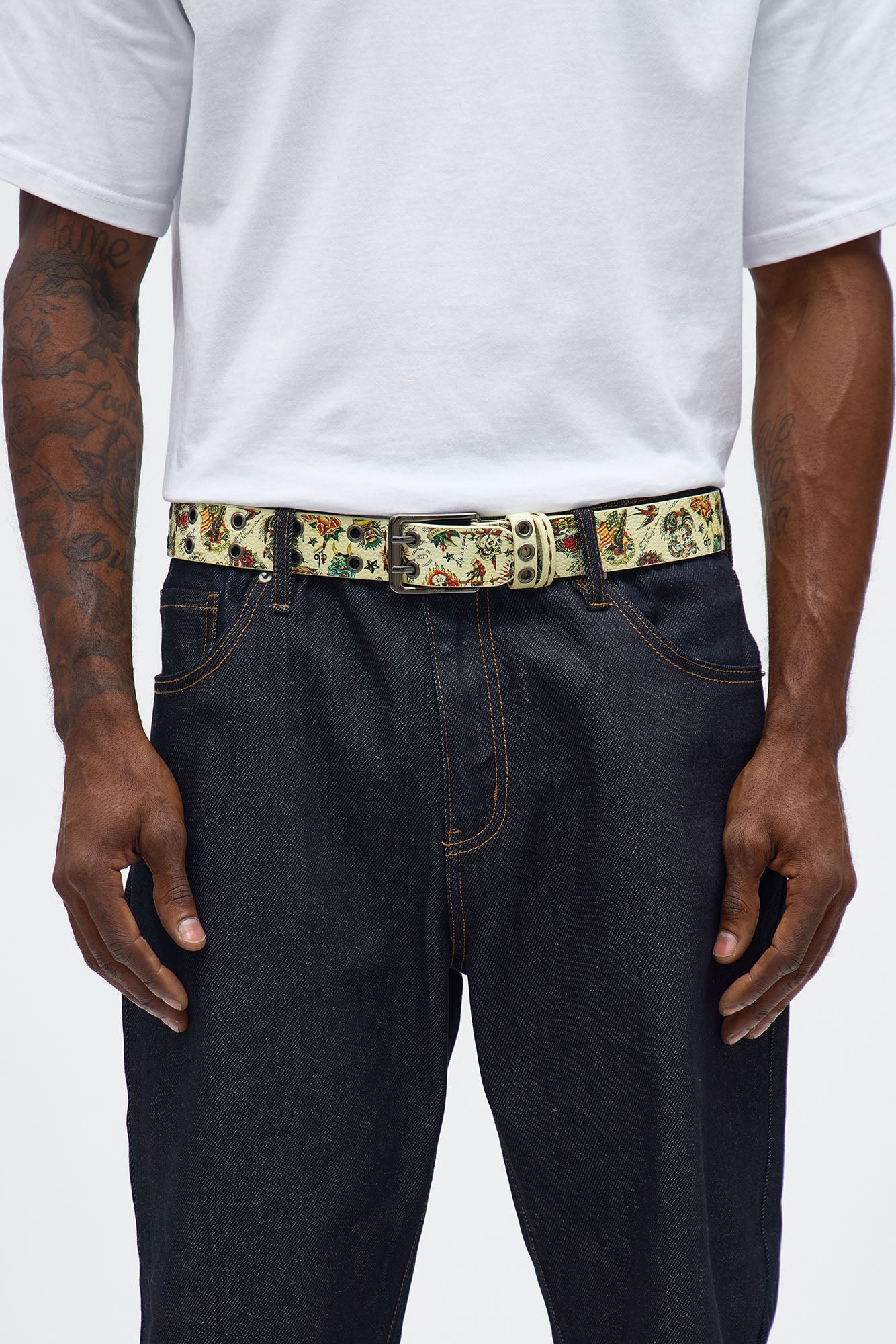 Ed Hardy Tattoo Faux Leather Grommet Belt - Tan/Multi