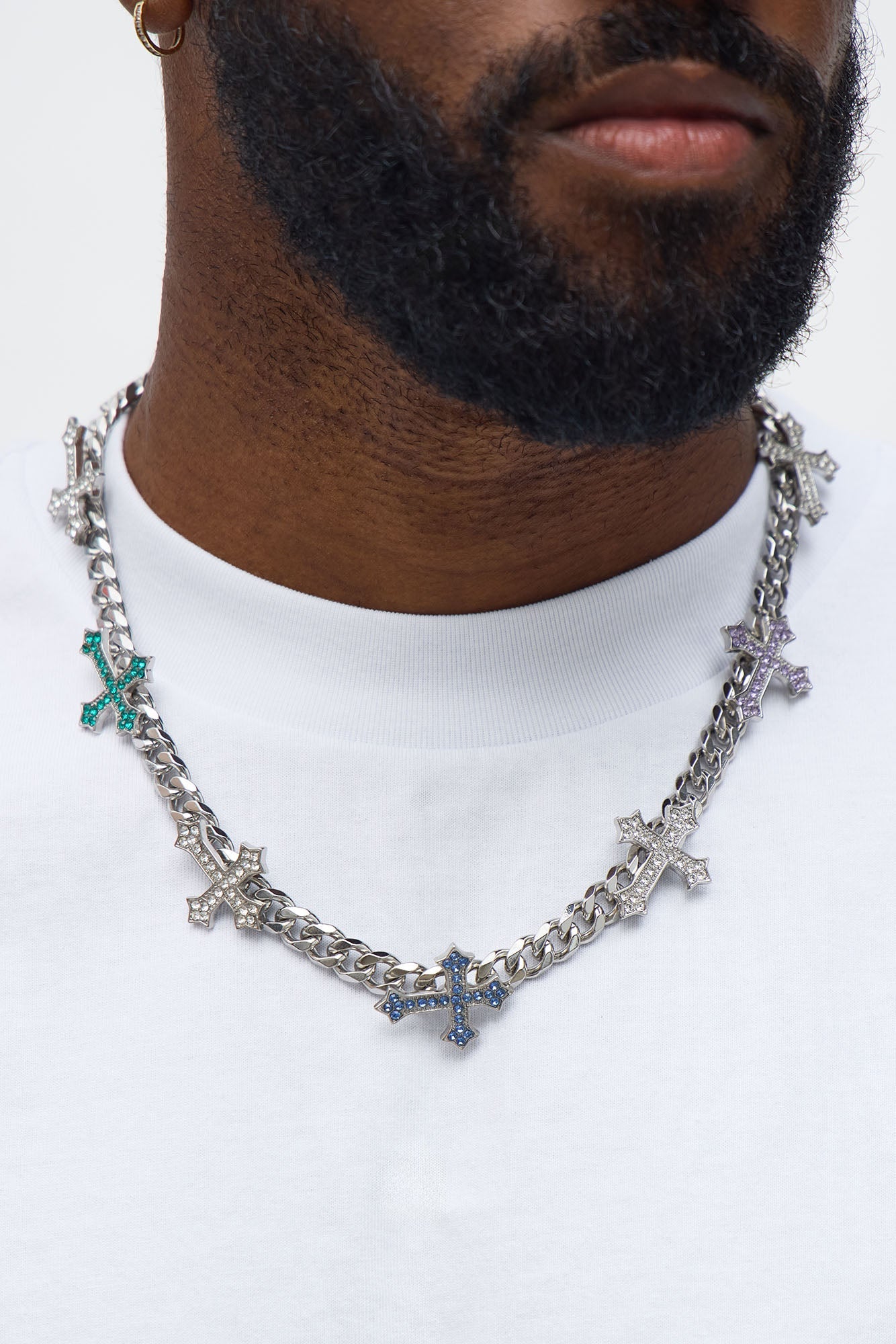 Iced Sideways Cross Cuban Necklace - Silver
