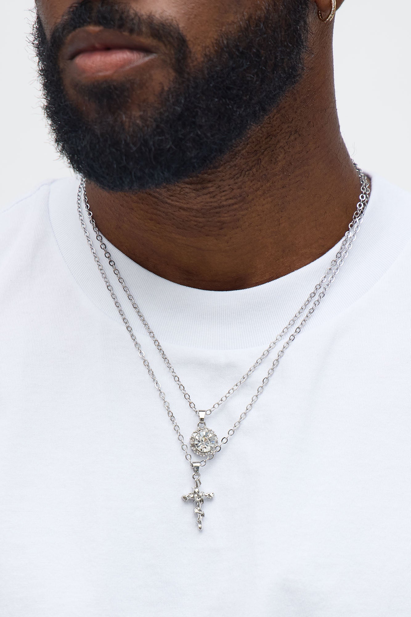 Stone Cross Amulet Necklace Set - Silver