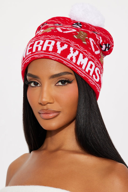 Candy Canes And Gingerbread Xmas Beanie - Red/combo