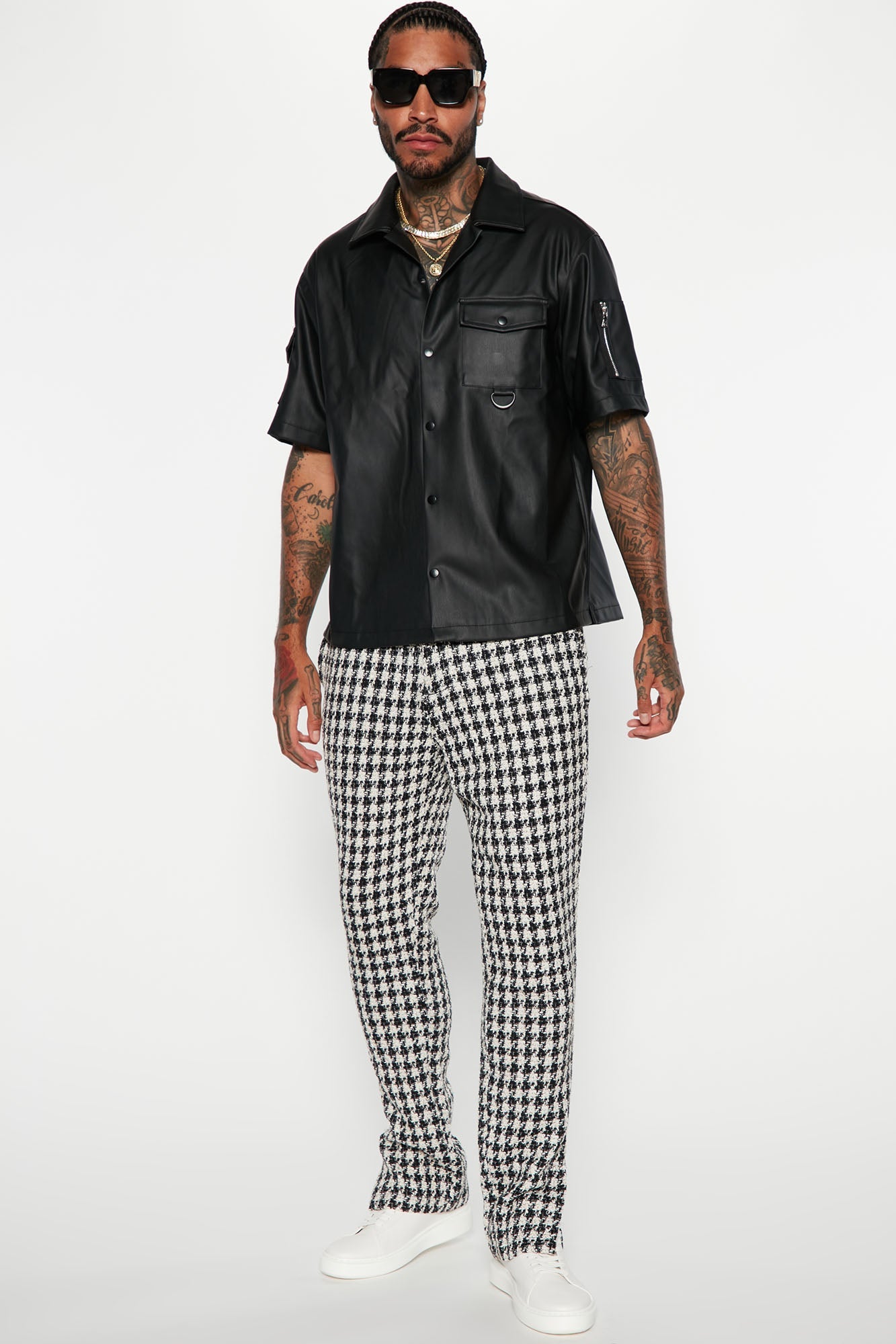 Utility Faux Leather Short Sleeve Button Up Shirt - Black