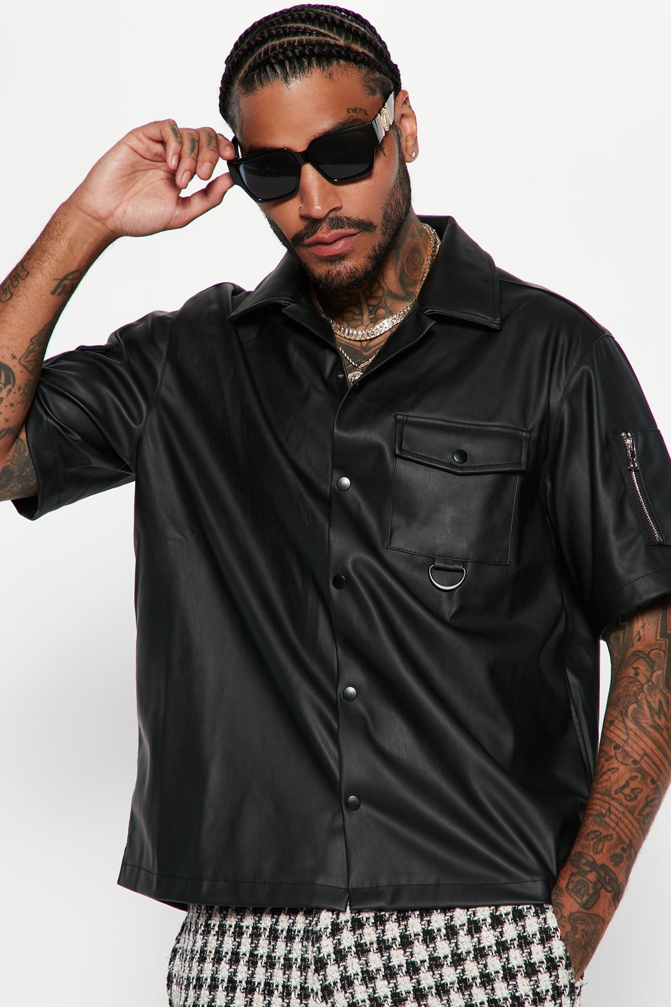 Utility Faux Leather Short Sleeve Button Up Shirt - Black
