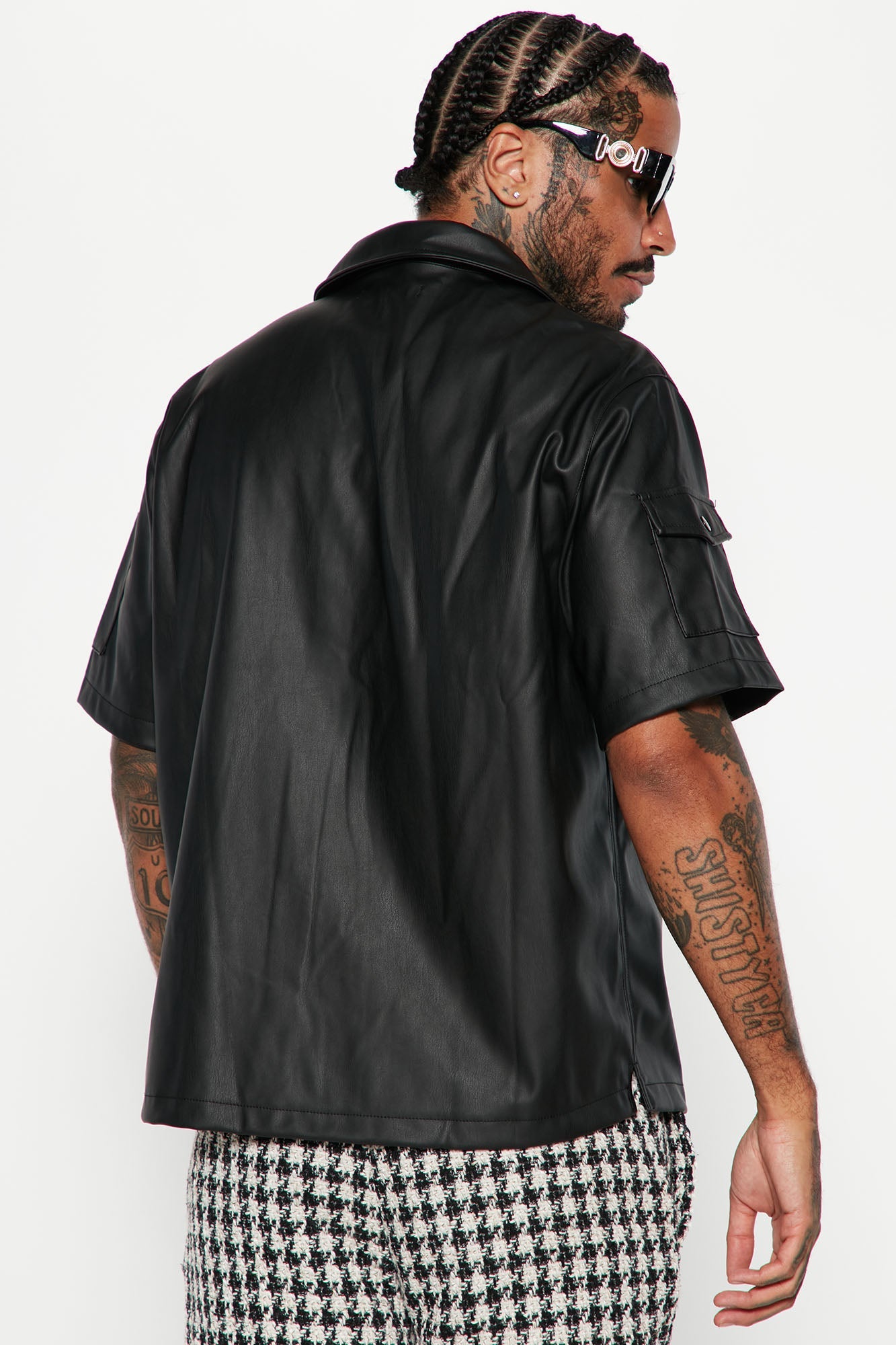 Utility Faux Leather Short Sleeve Button Up Shirt - Black