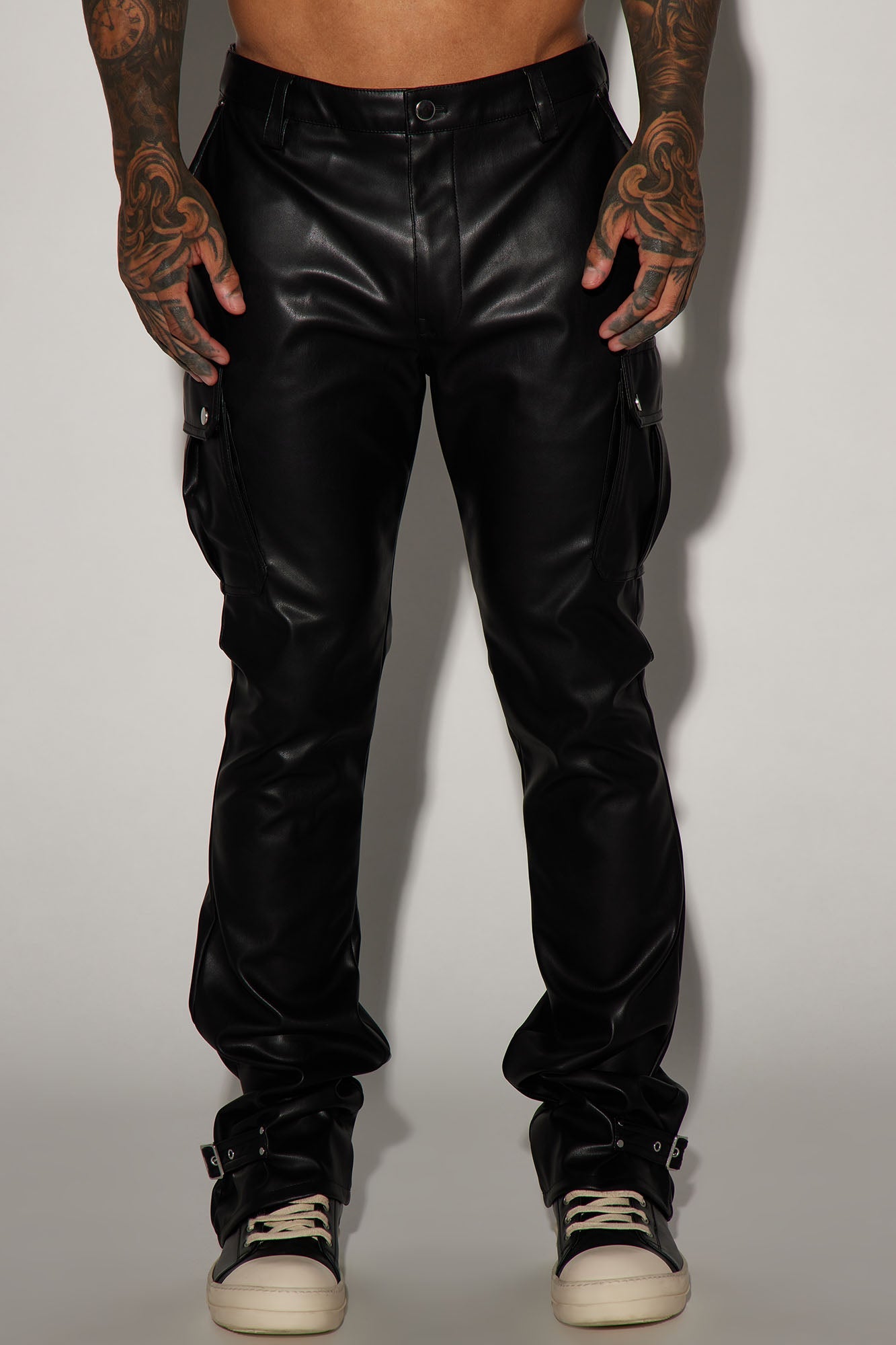 Brenner Faux Leather Stacked Slim Flare Pants - Black