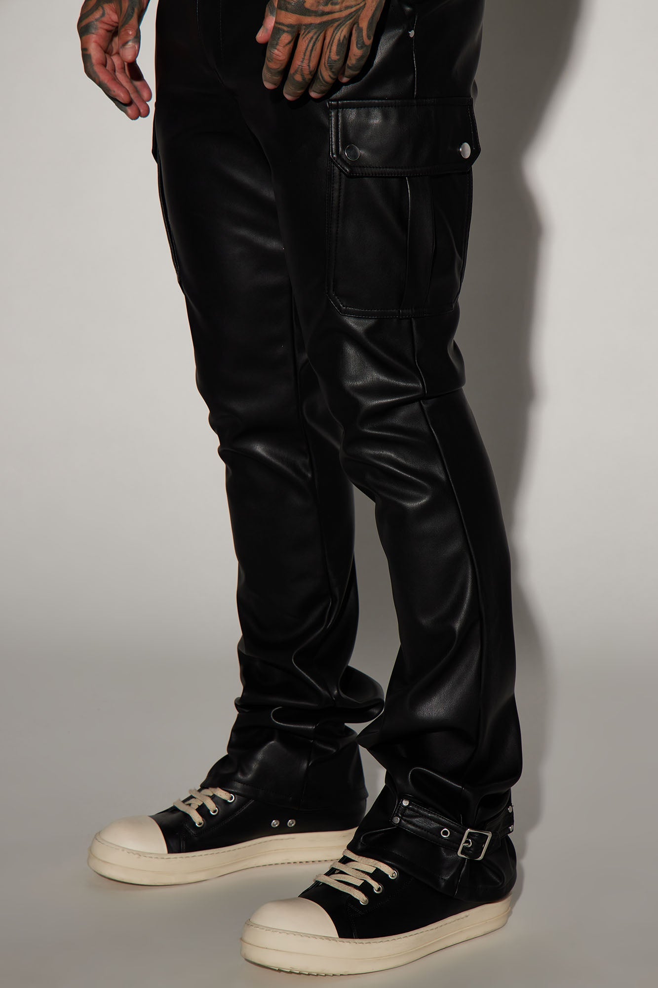 Brenner Faux Leather Stacked Slim Flare Pants - Black