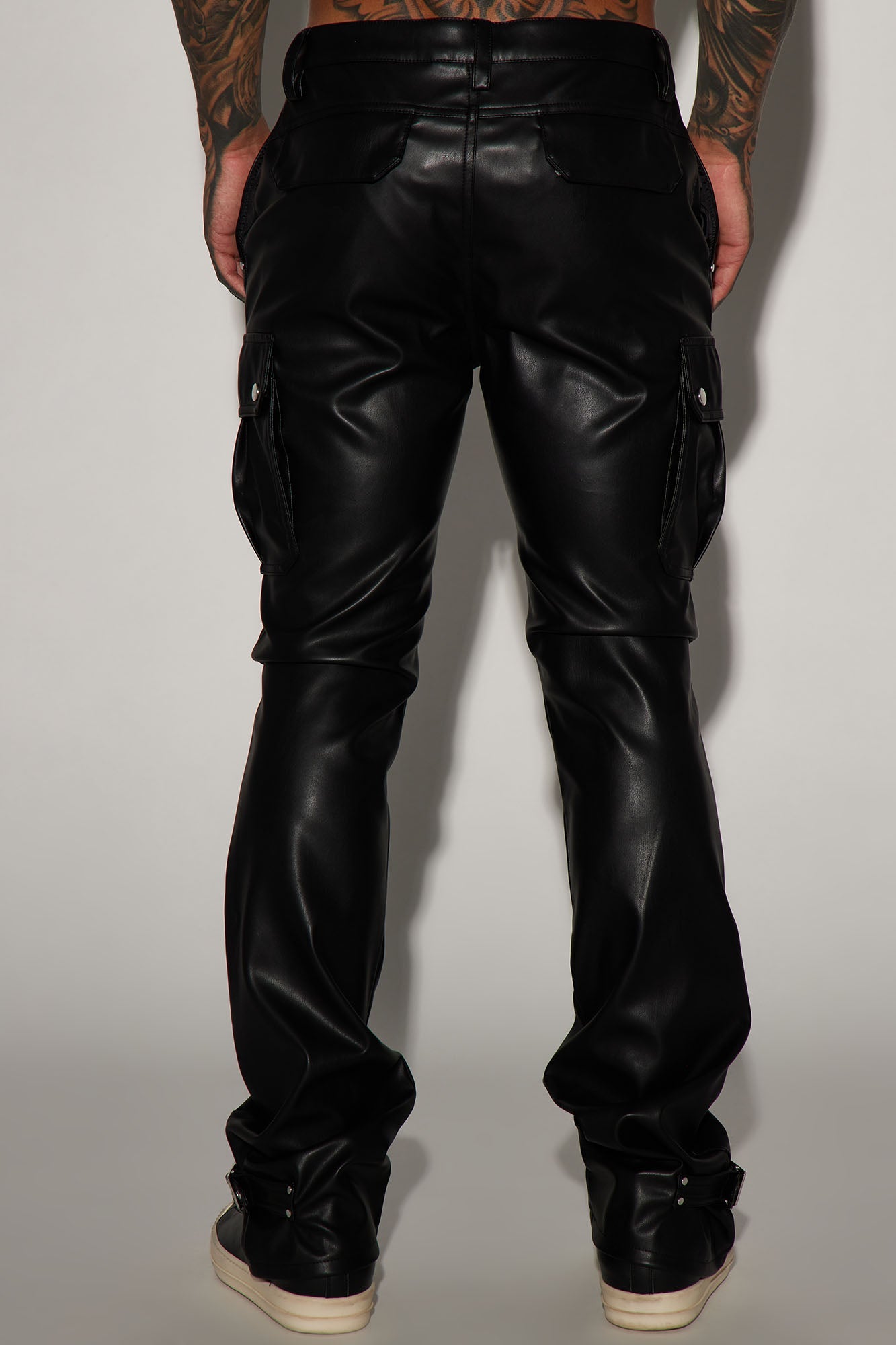 Brenner Faux Leather Stacked Slim Flare Pants - Black