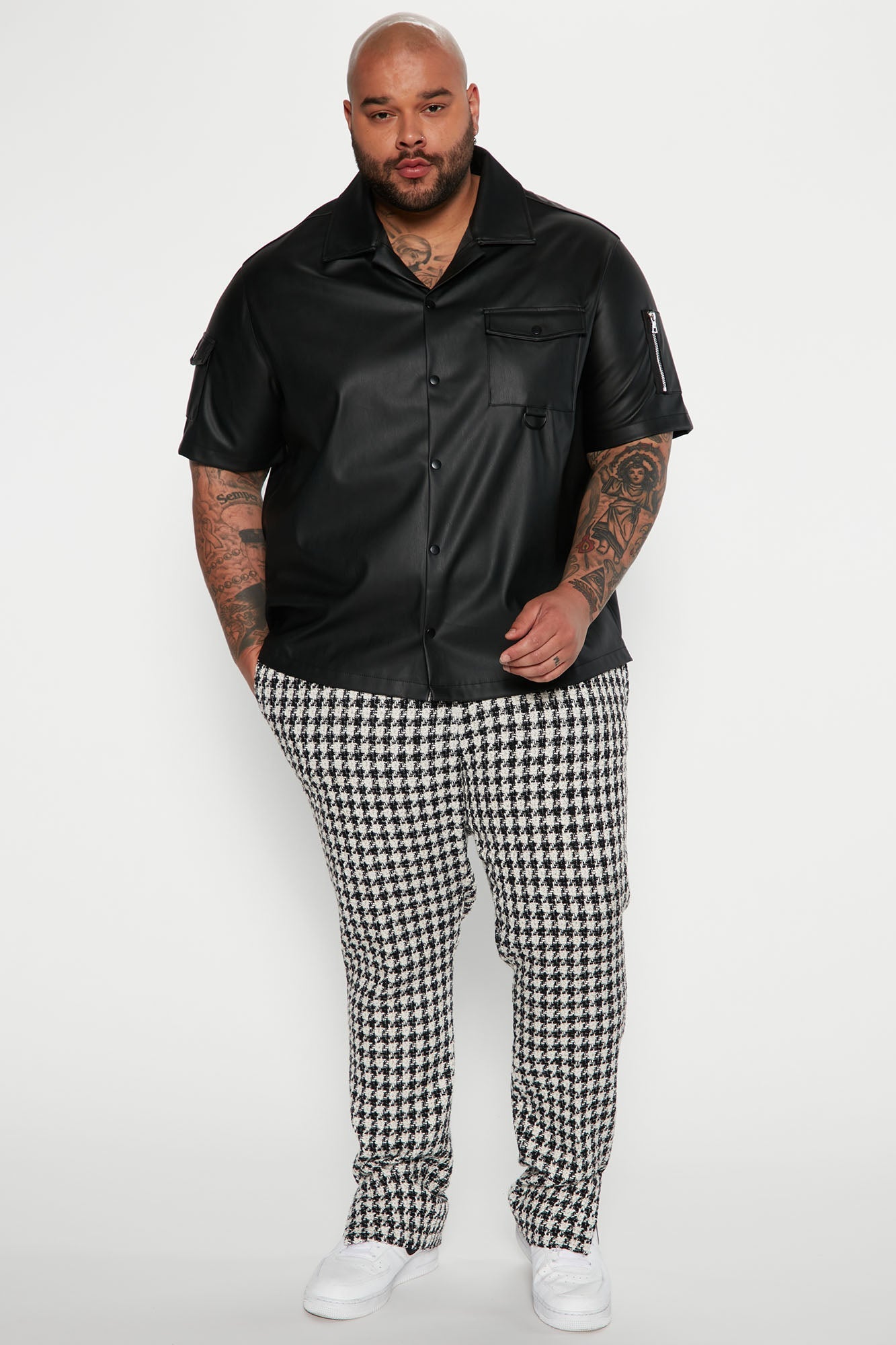 Utility Faux Leather Short Sleeve Button Up Shirt - Black