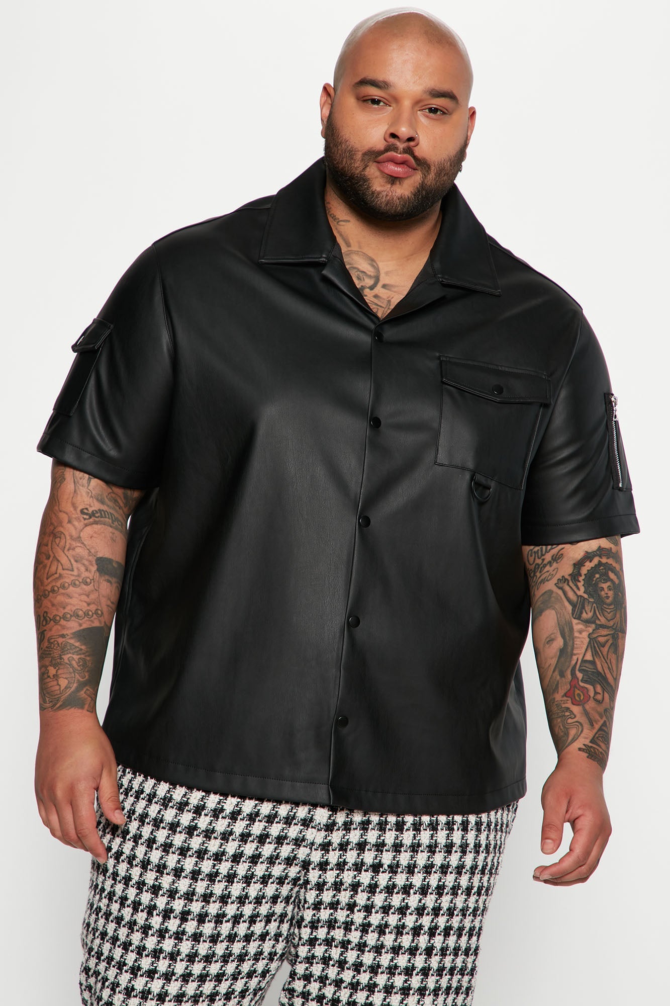 Utility Faux Leather Short Sleeve Button Up Shirt - Black