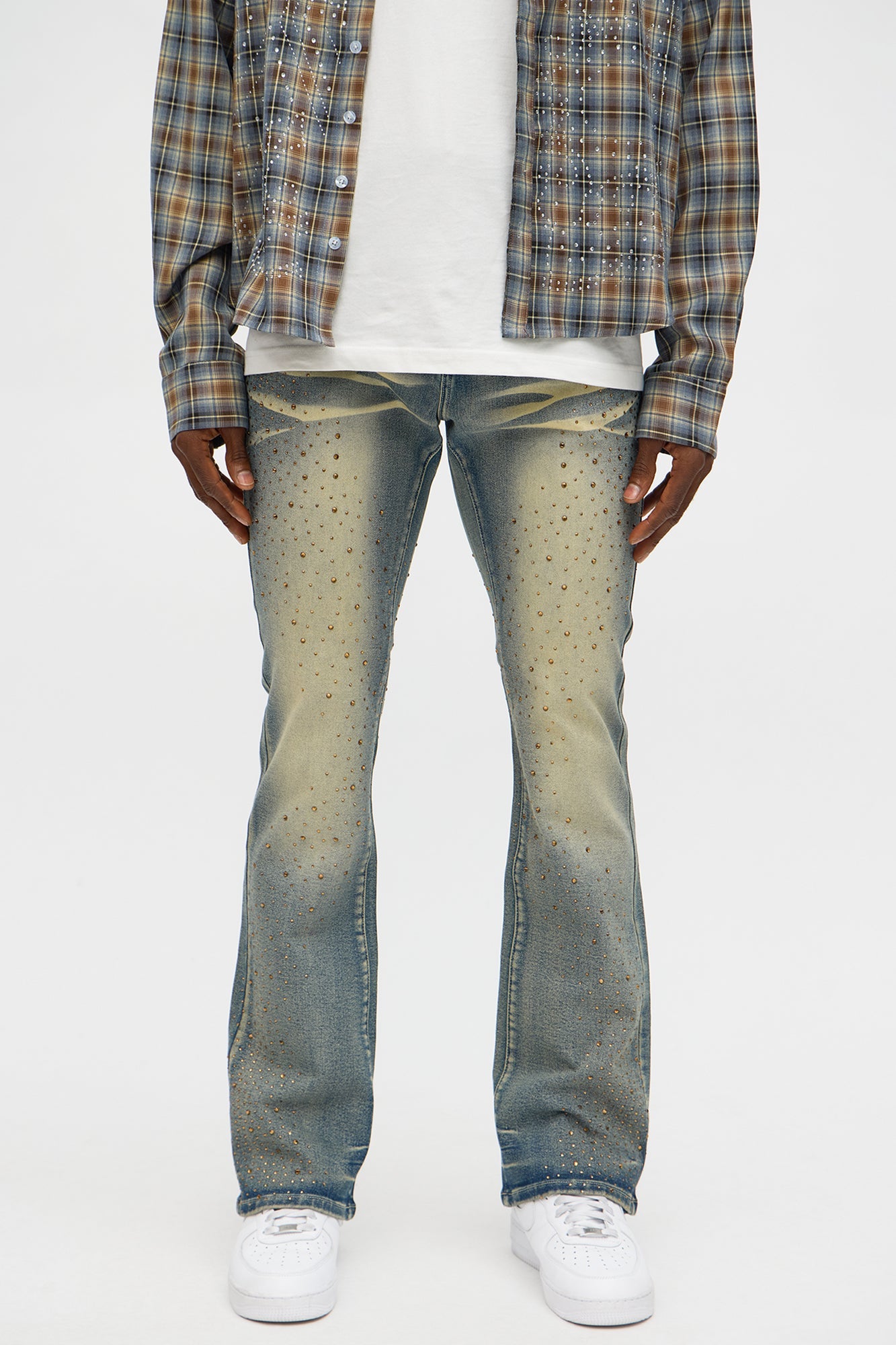 Stacked Skinny Flare Be Jeweled Up Jeans - Light Wash