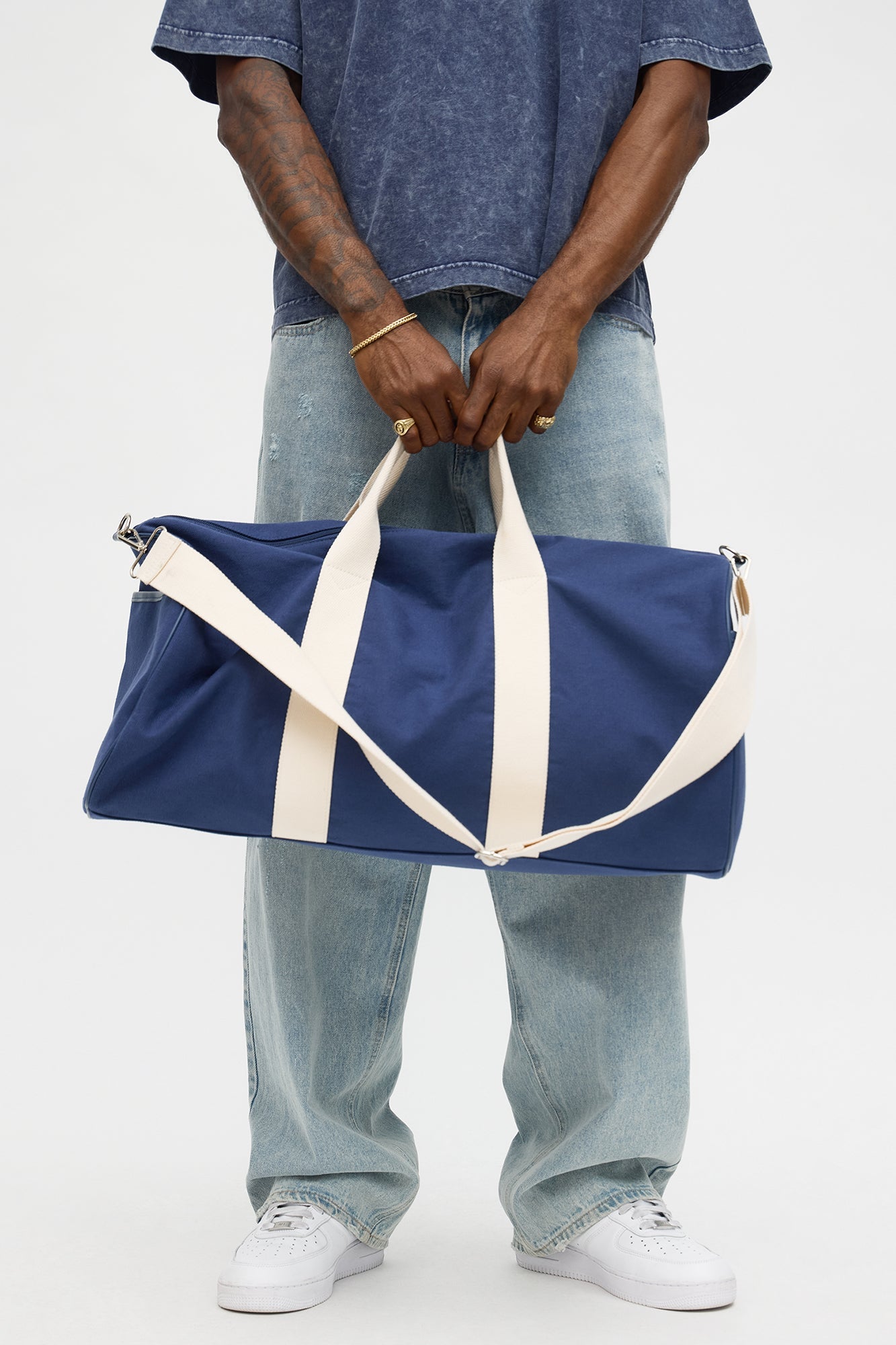 Varsity Canvas Barrel Duffle Bag - Navy