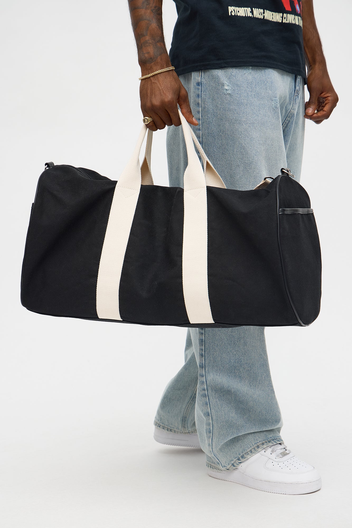 Varsity Canvas Barrel Duffle Bag - Black