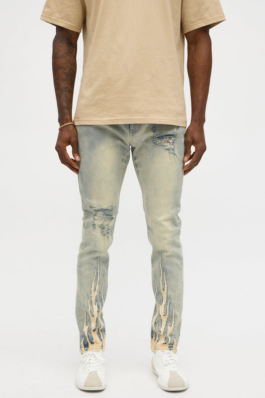 Skinny Street Flames Distressed Jean - Vintage Wash