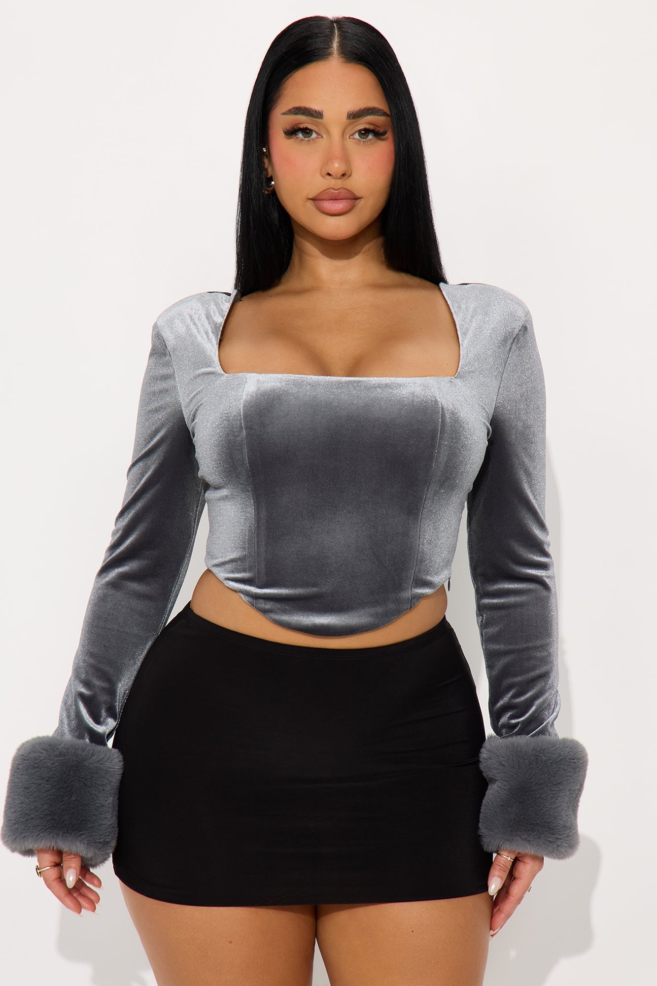 Say Less Babe Velvet Faux Fur Top - Grey