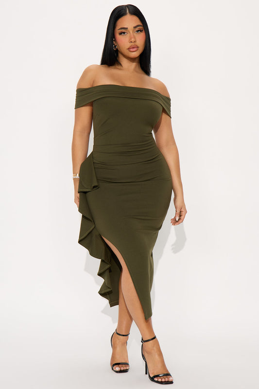 Jeanne Off Shoulder Ponte Midi Dress - Olive