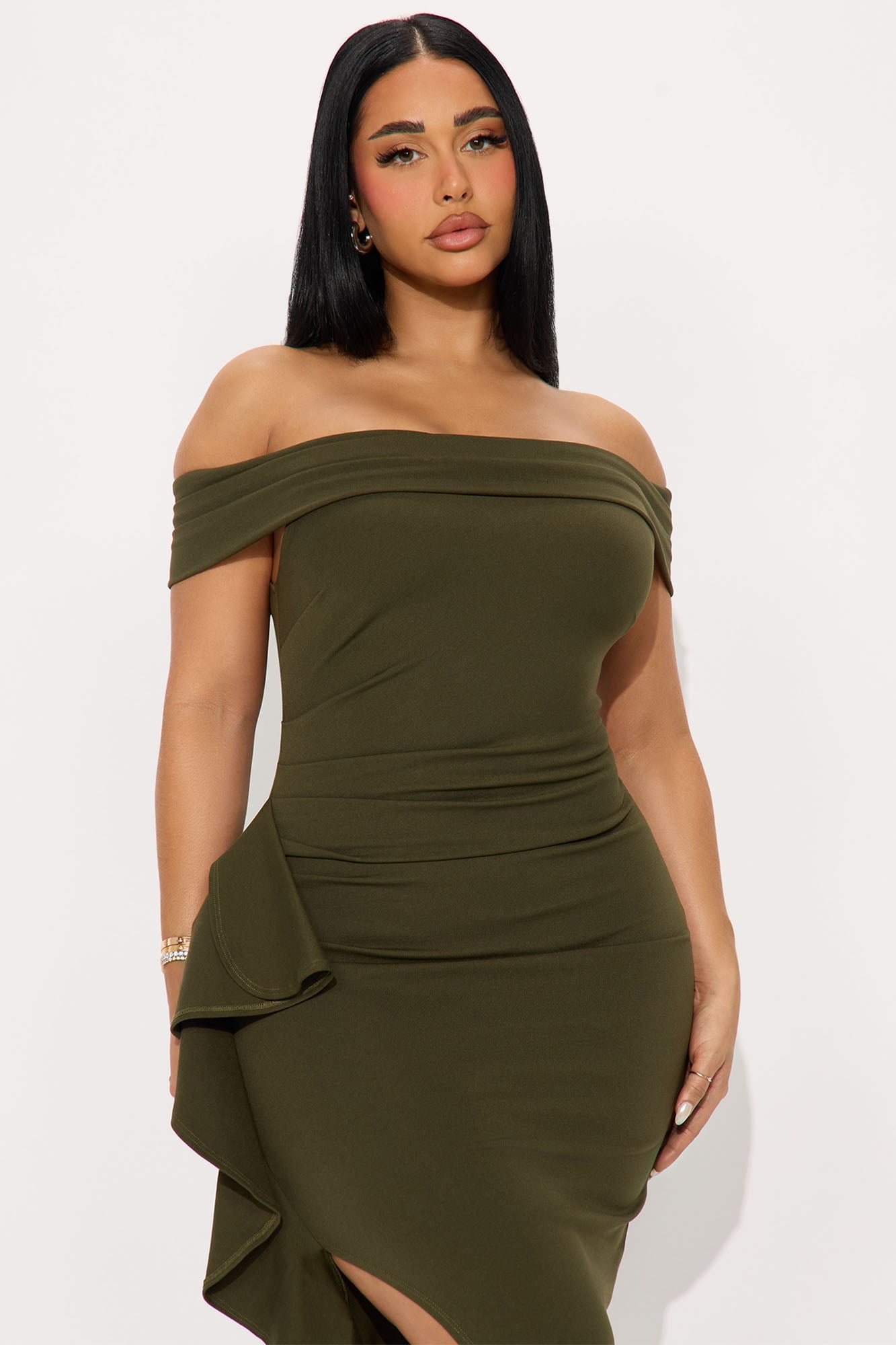 Jeanne Off Shoulder Ponte Midi Dress - Olive