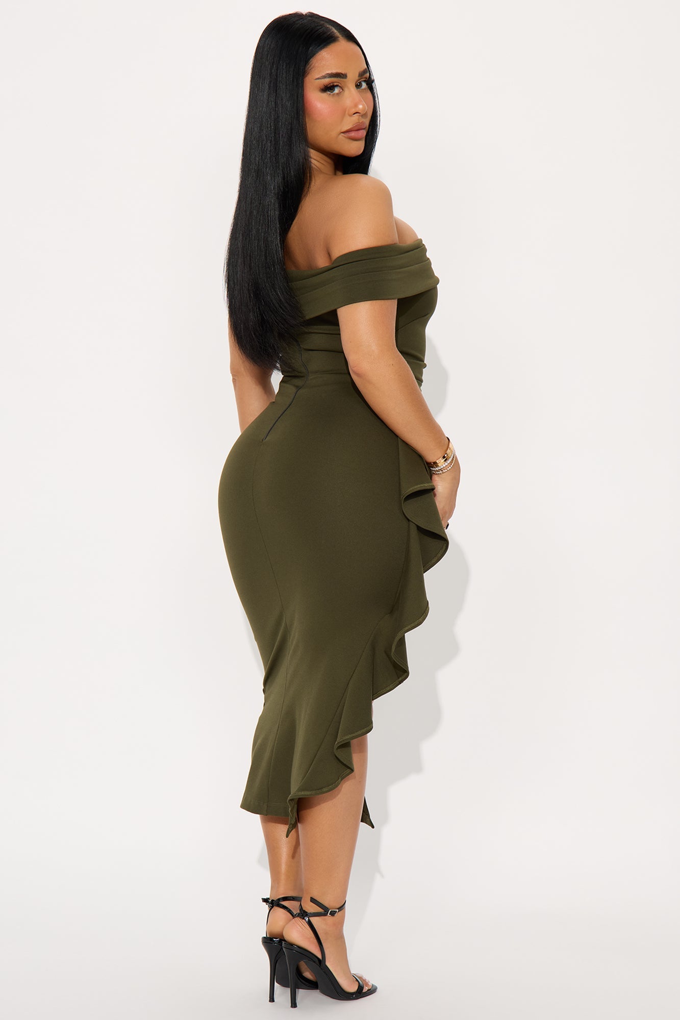 Jeanne Off Shoulder Ponte Midi Dress - Olive
