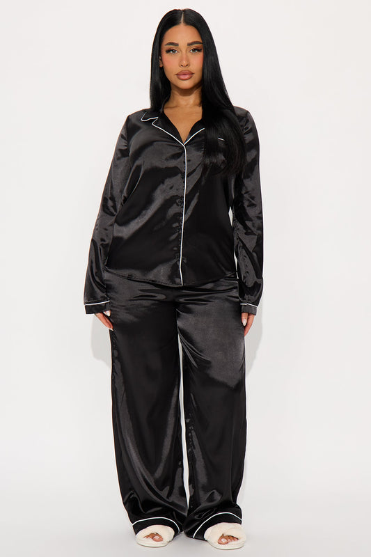 Bedtime Stretch Satin Long Sleeve PJ Pant Set - Black