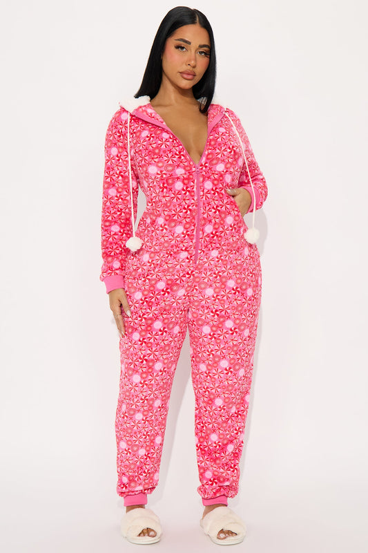 Peppermint Cutie Plush PJ Jumpsuit Onesie - Hot Pink