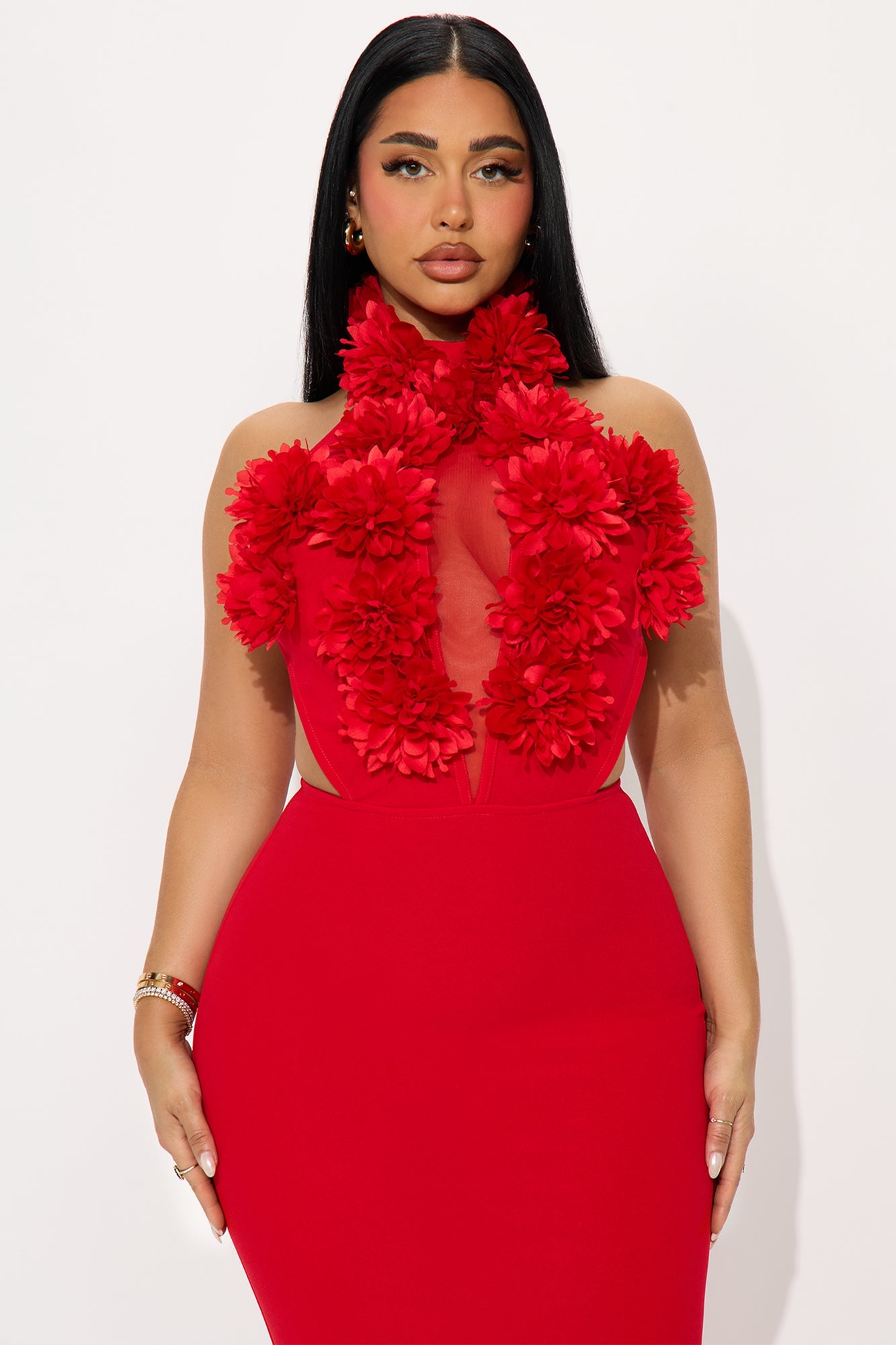 Lillian Floral Applique Gown - Red