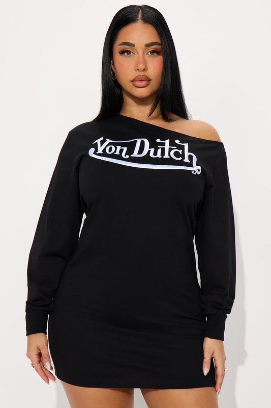 Von Dutch Classic Off Shoulder Sweatshirt Mini Dress - Black