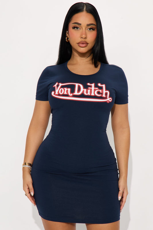 Von Dutch Graffiti T Shirt Mini Dress - Navy/Red
