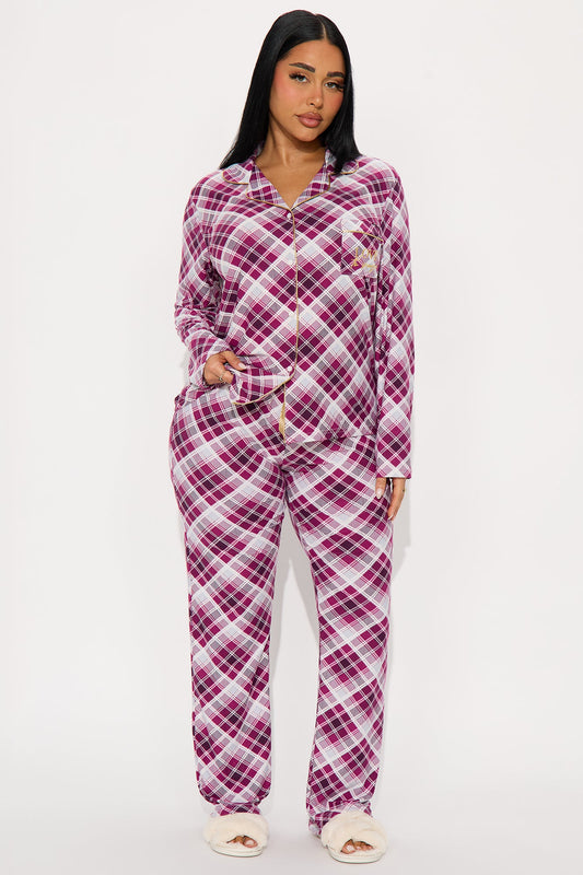Love Snoozing Embroidered Glitter Long Sleeve PJ Pant Set - Burgundy