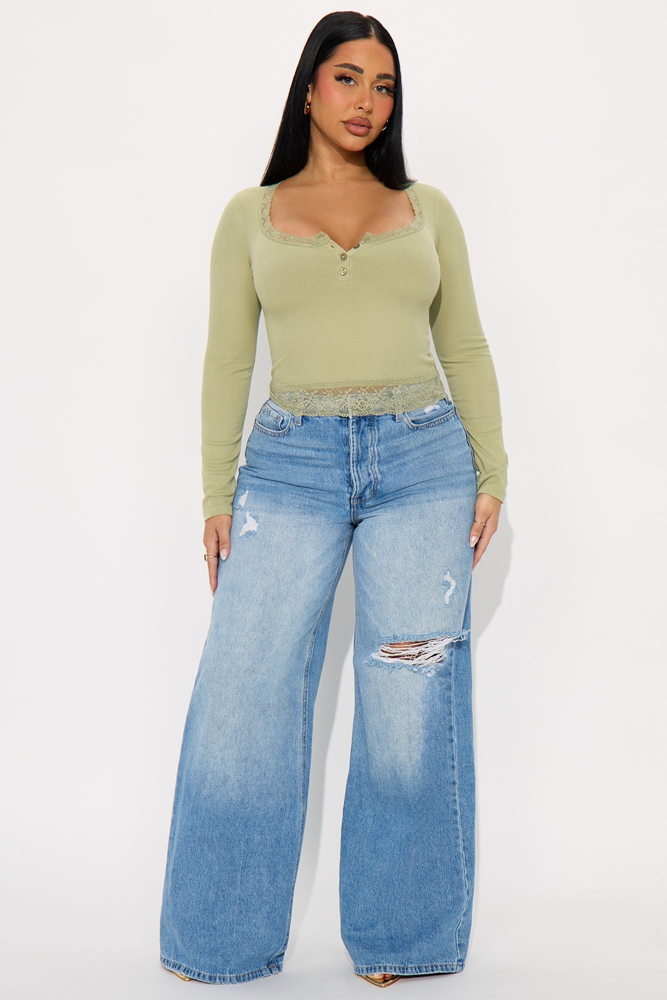 Mila Ribbed Lace Long Sleeve Henley Top - Sage