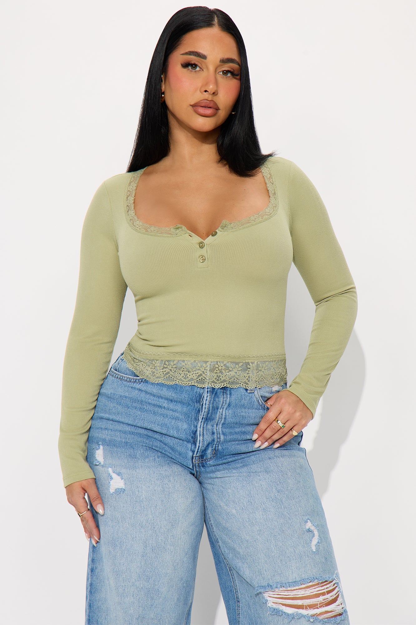 Mila Ribbed Lace Long Sleeve Henley Top - Sage