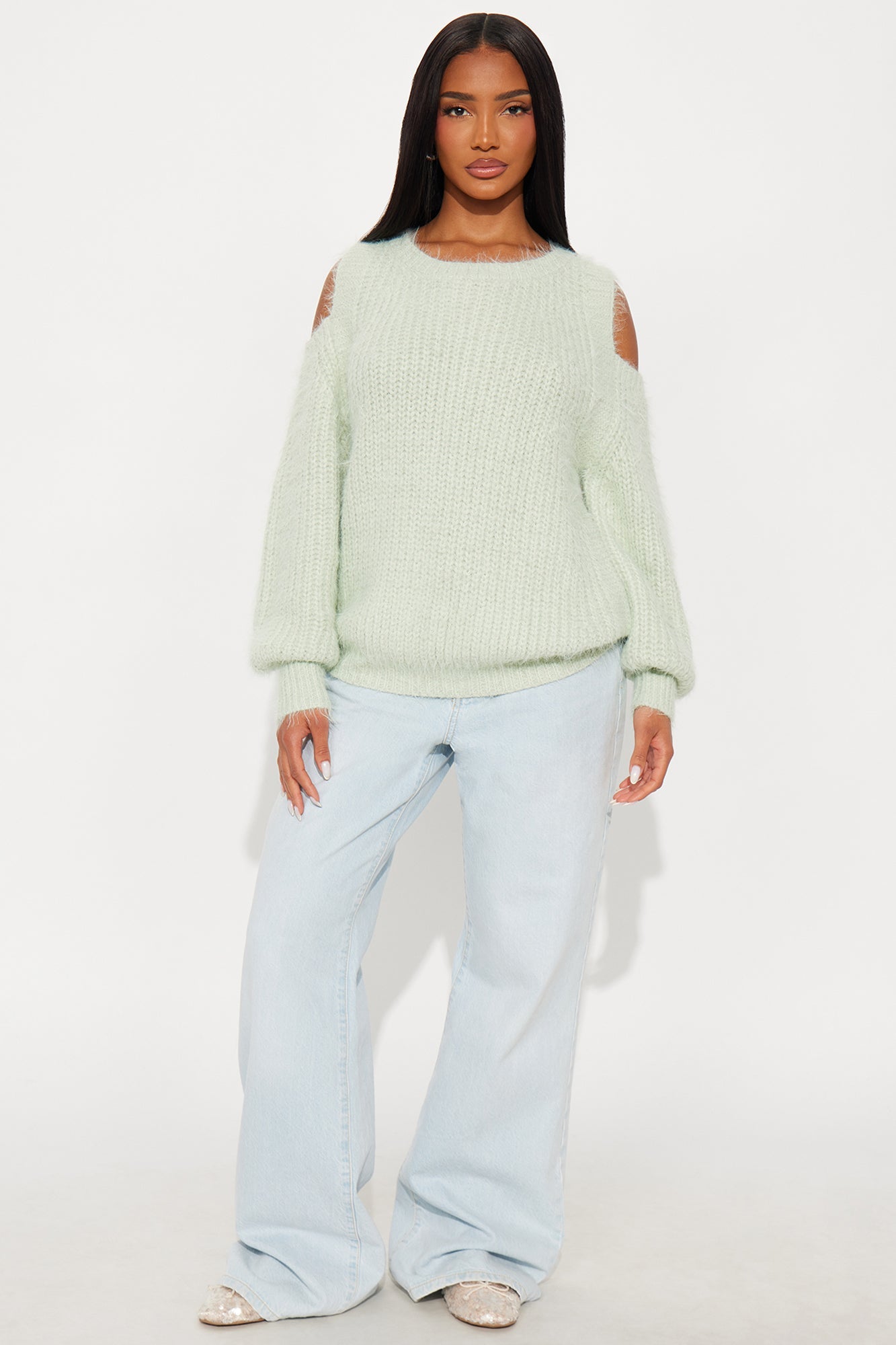 Sweet Face Fuzzy Cold Shoulder Sweater Top - Mint