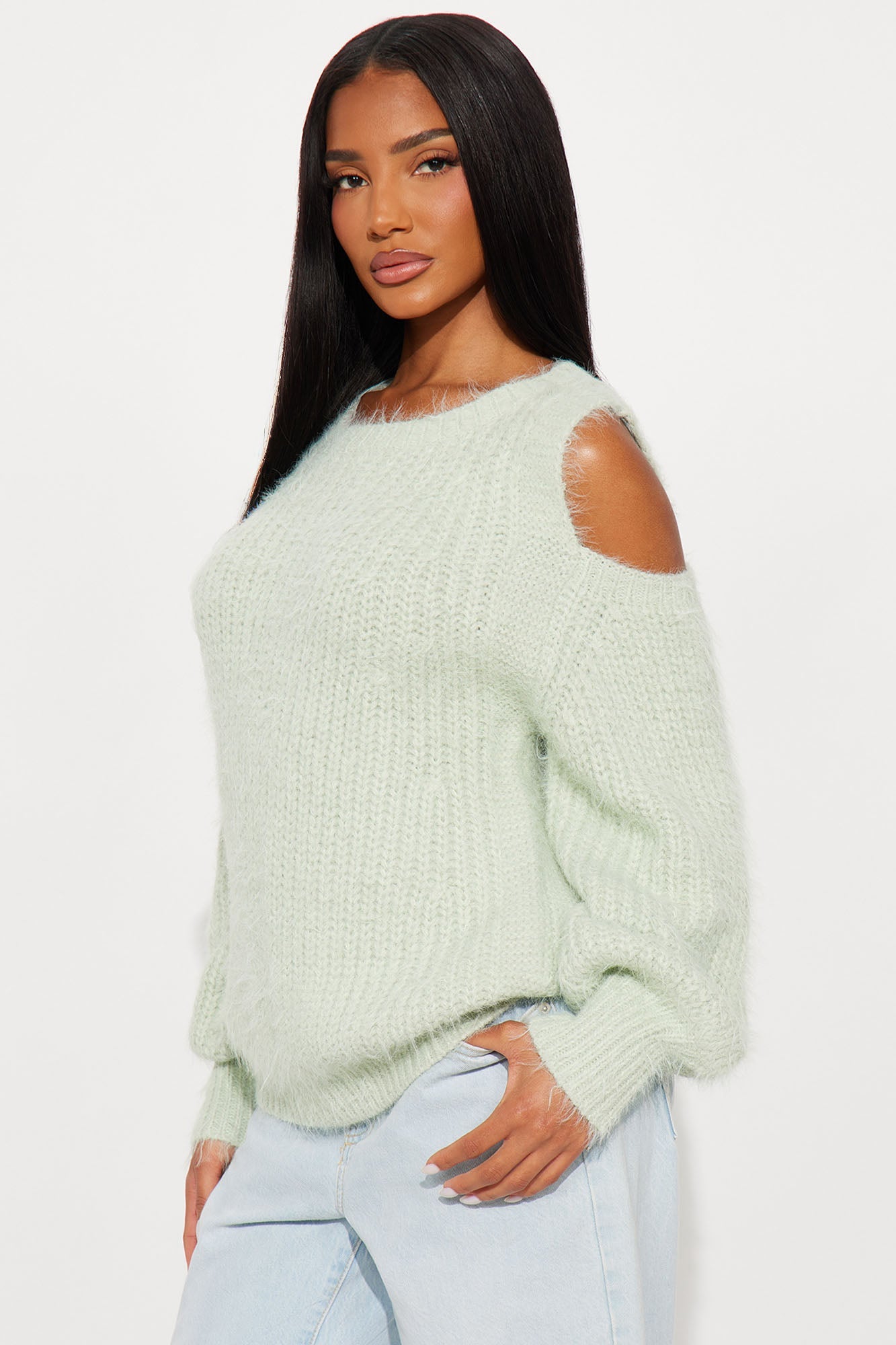 Sweet Face Fuzzy Cold Shoulder Sweater Top - Mint
