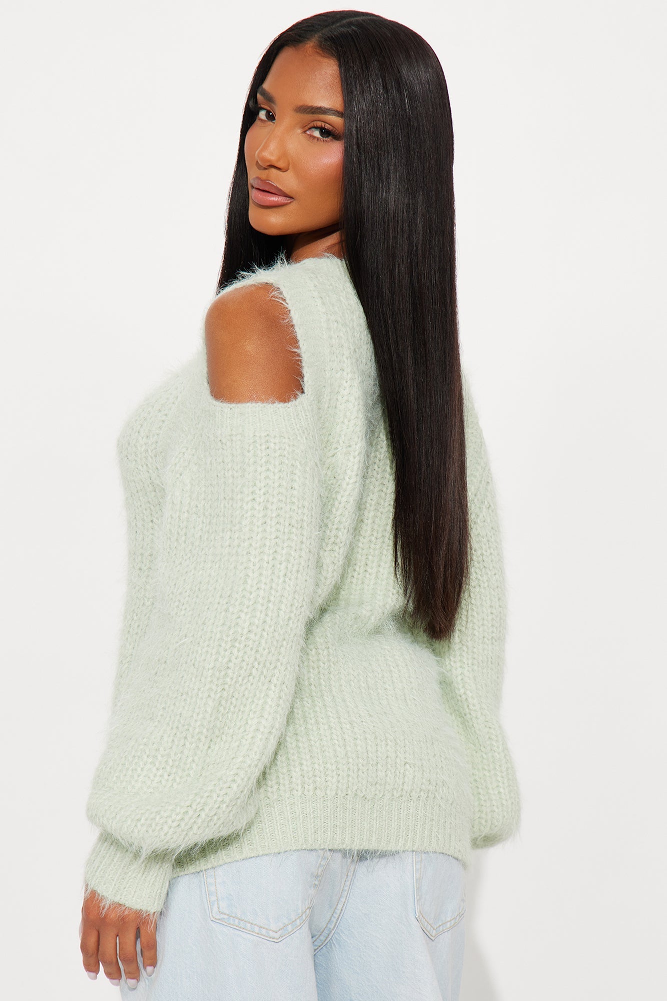 Sweet Face Fuzzy Cold Shoulder Sweater Top - Mint