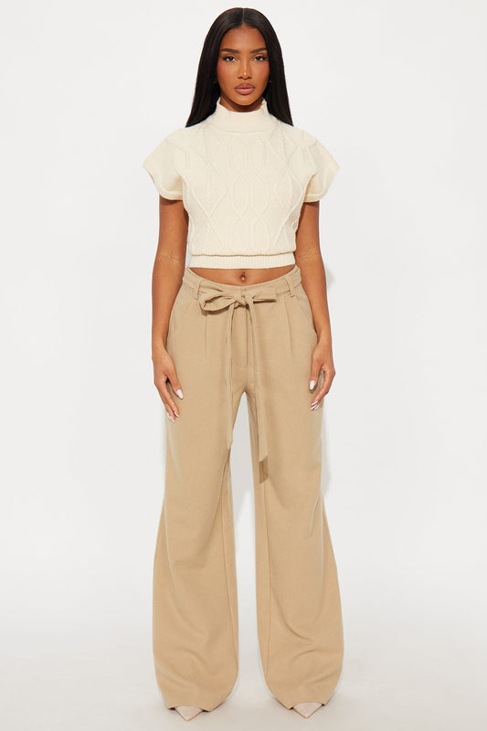News Briefing Boucle Belted Wide Leg Pant 32″ - Taupe