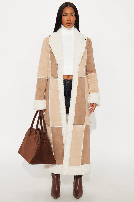 Sasha Patchwork Faux Suede Coat - Brown/combo