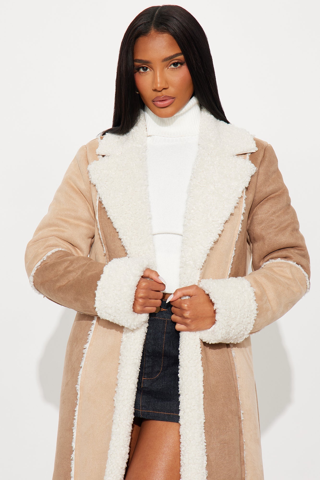 Sasha Patchwork Faux Suede Coat - Brown/combo