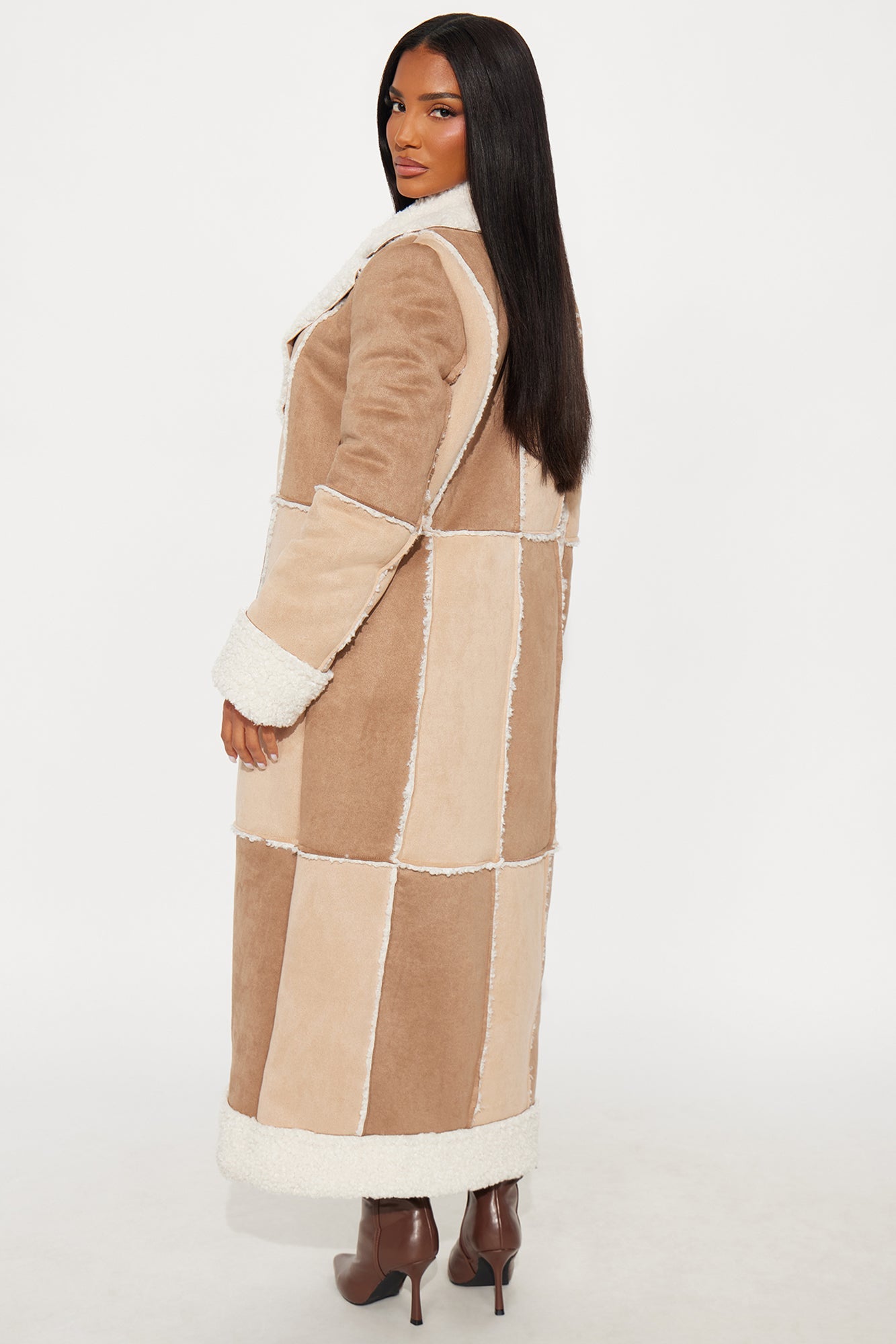 Sasha Patchwork Faux Suede Coat - Brown/combo