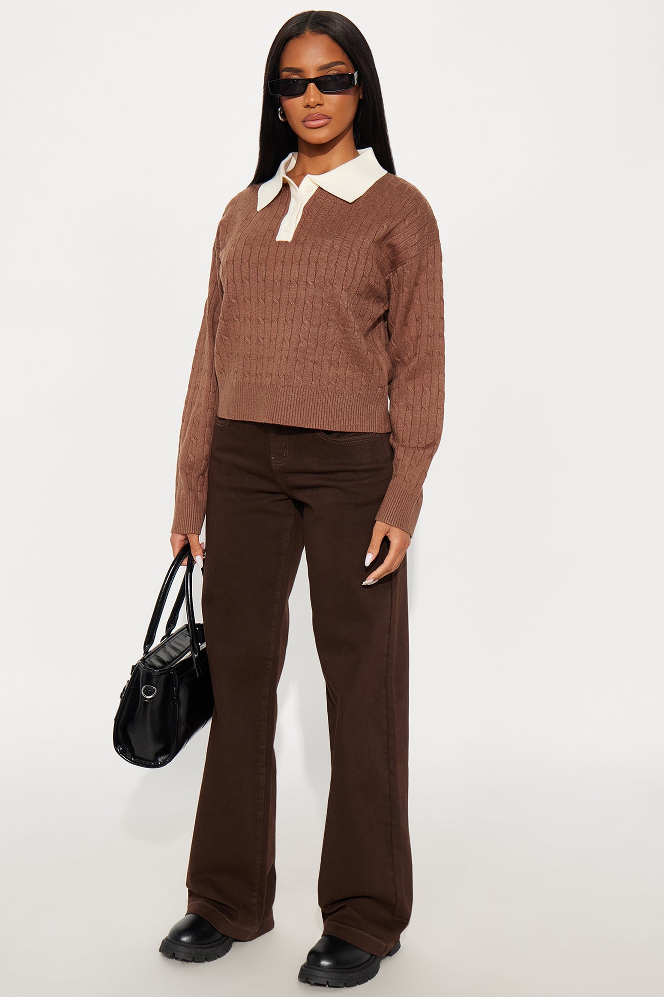 From The Start Cable Knit Polo Sweater - Brown/combo