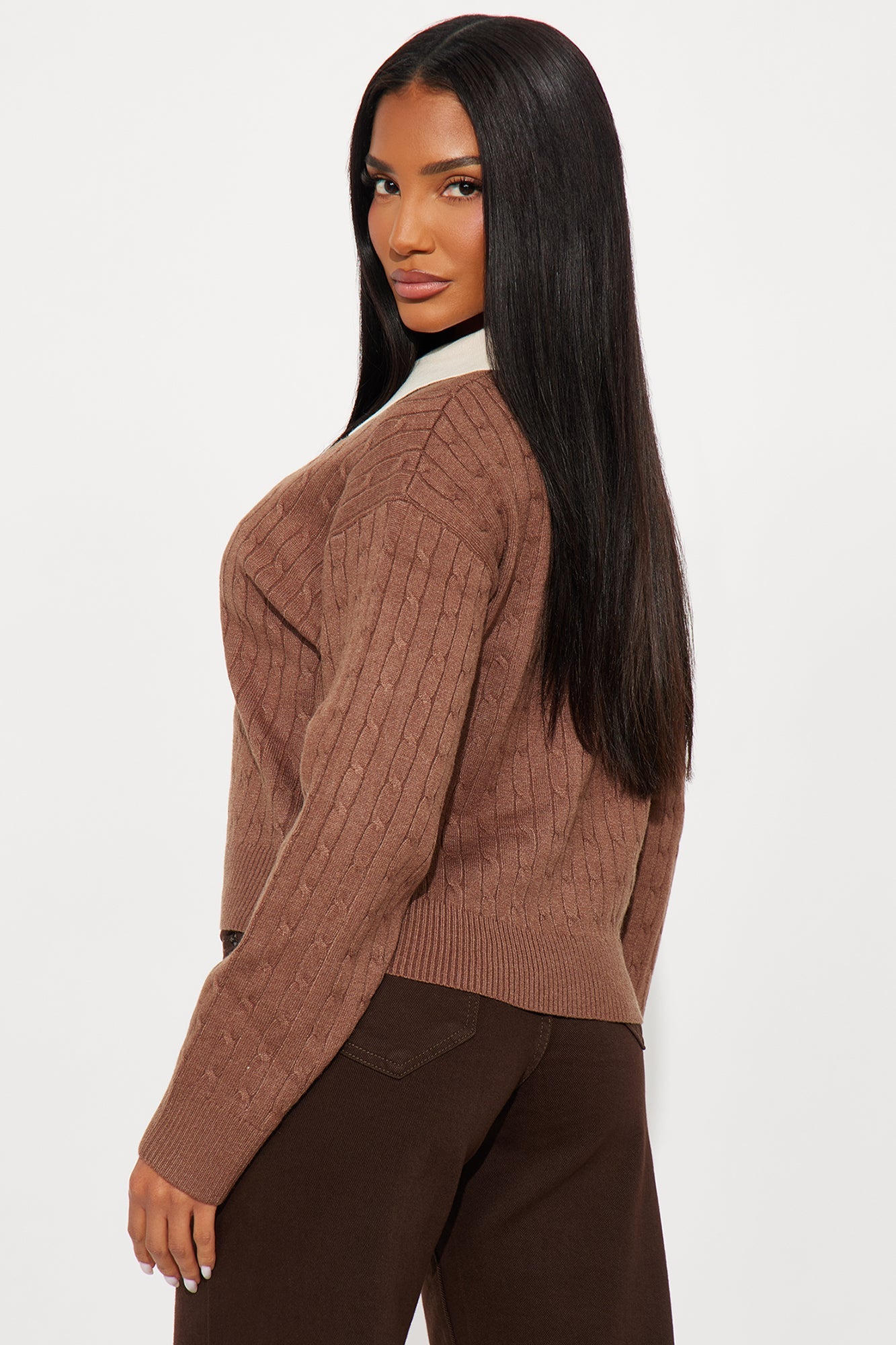 From The Start Cable Knit Polo Sweater - Brown/combo
