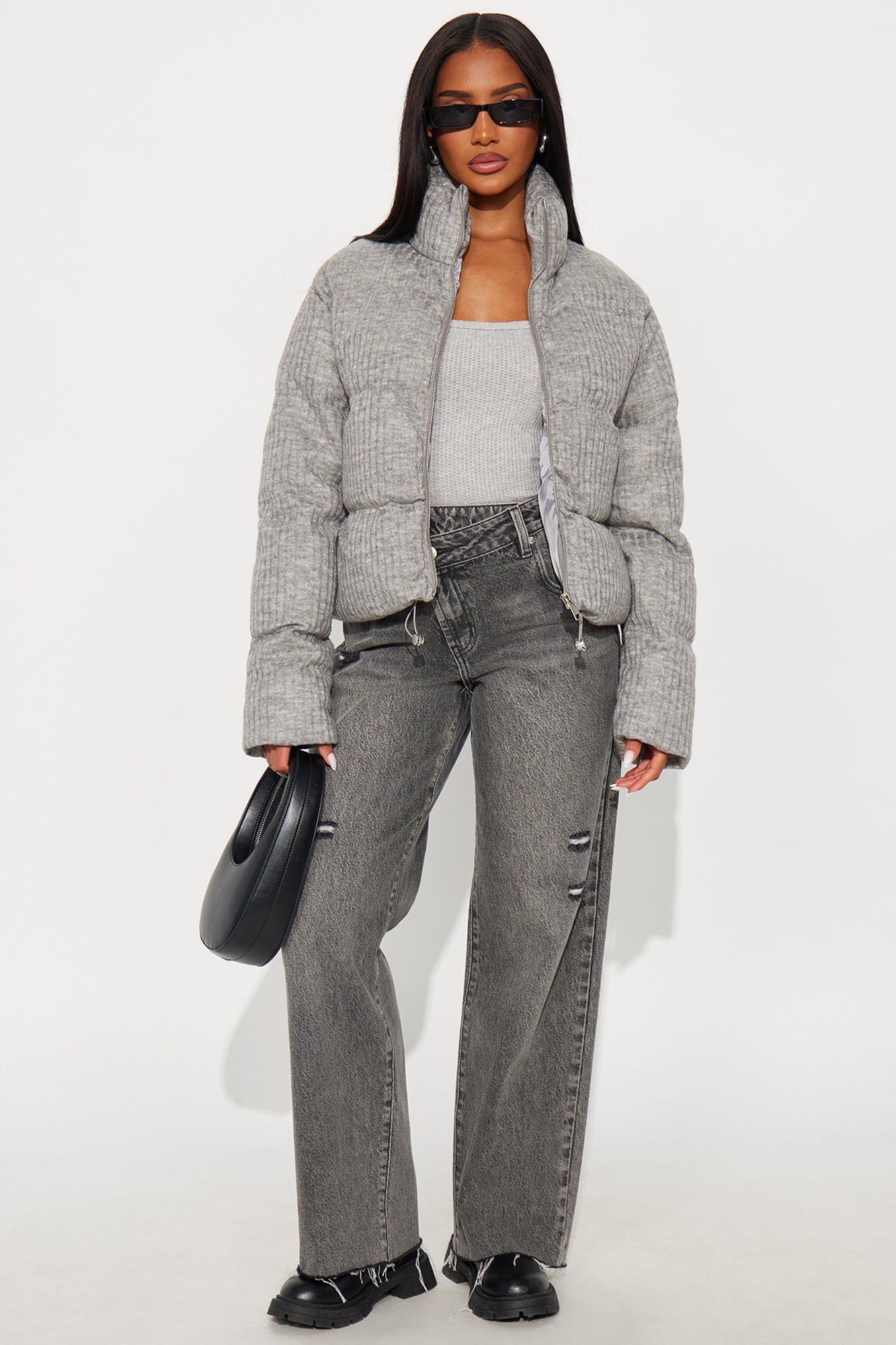 Alessia Cable Knit Puffer Jacket - Heather Grey