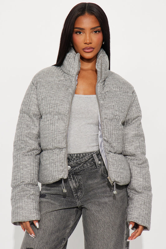 Alessia Cable Knit Puffer Jacket - Heather Grey