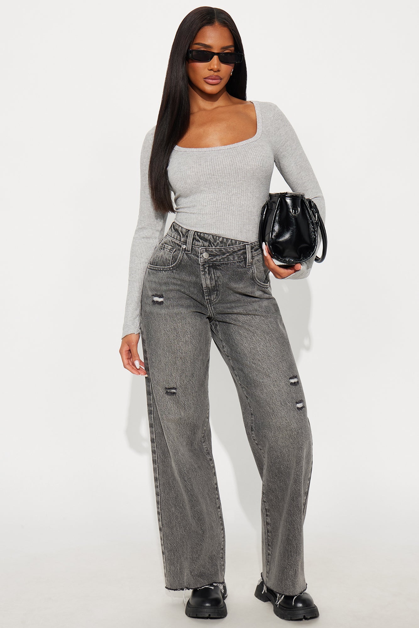 Charlotte Crossover Straight Leg Jeans - Grey