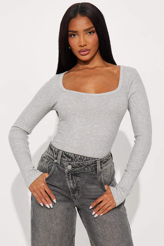 Jana Heathered Waffle Knit Long Sleeve Top - Heather Grey