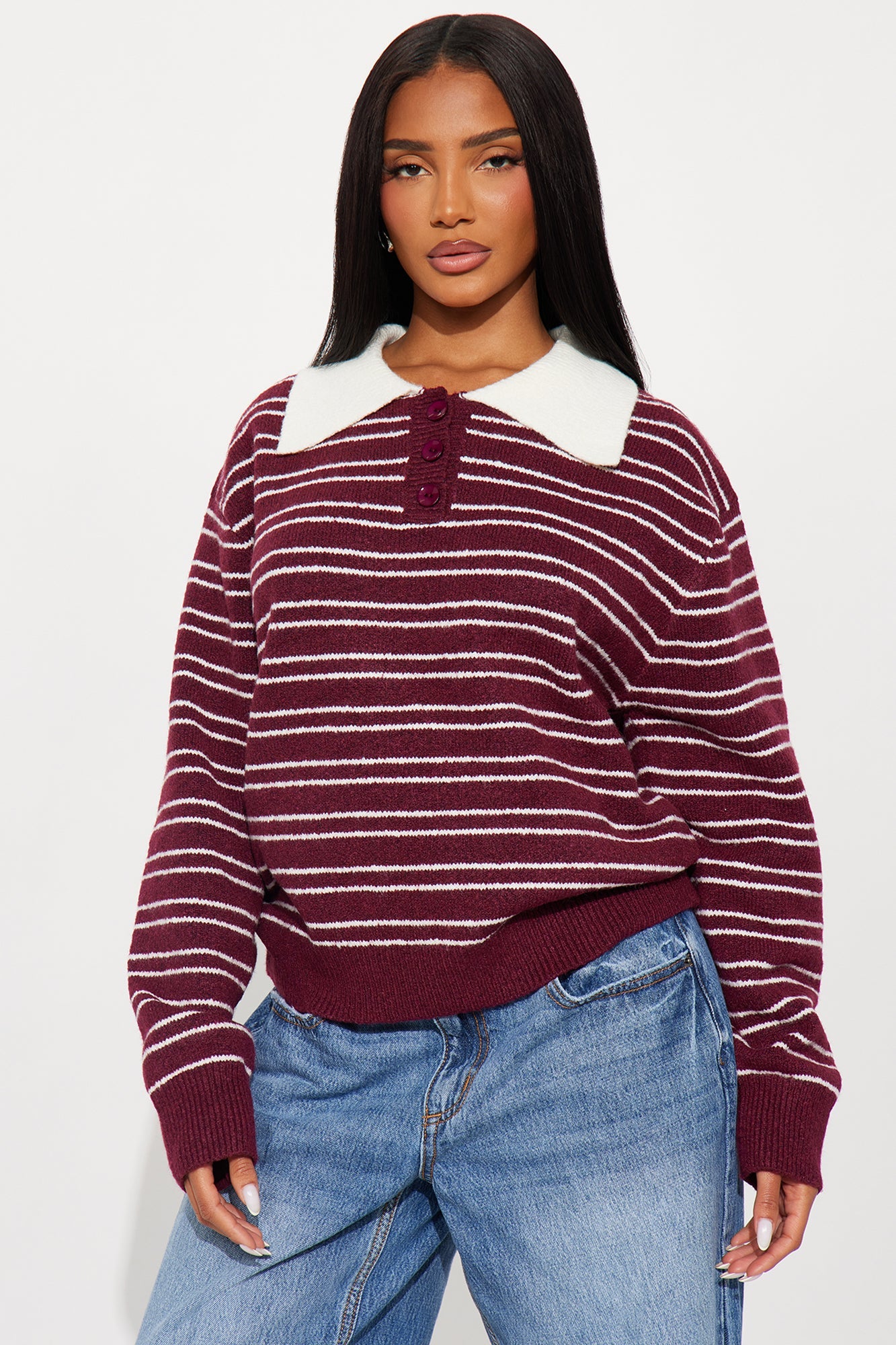 Just A Stripe Girl Sweater - Burgundy/combo