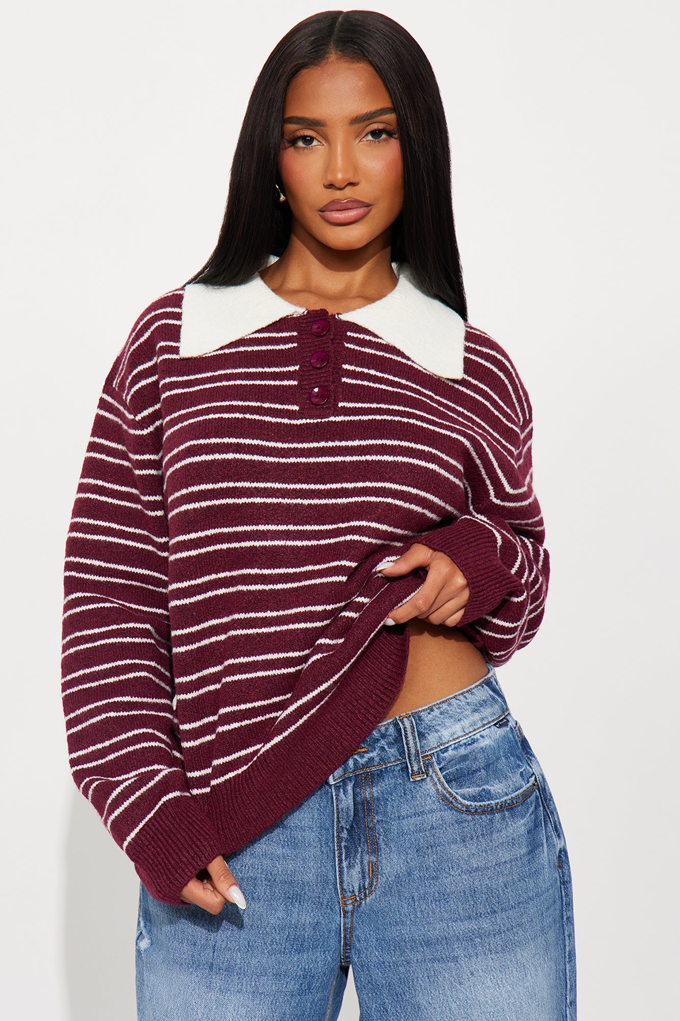 Just A Stripe Girl Sweater - Burgundy/combo