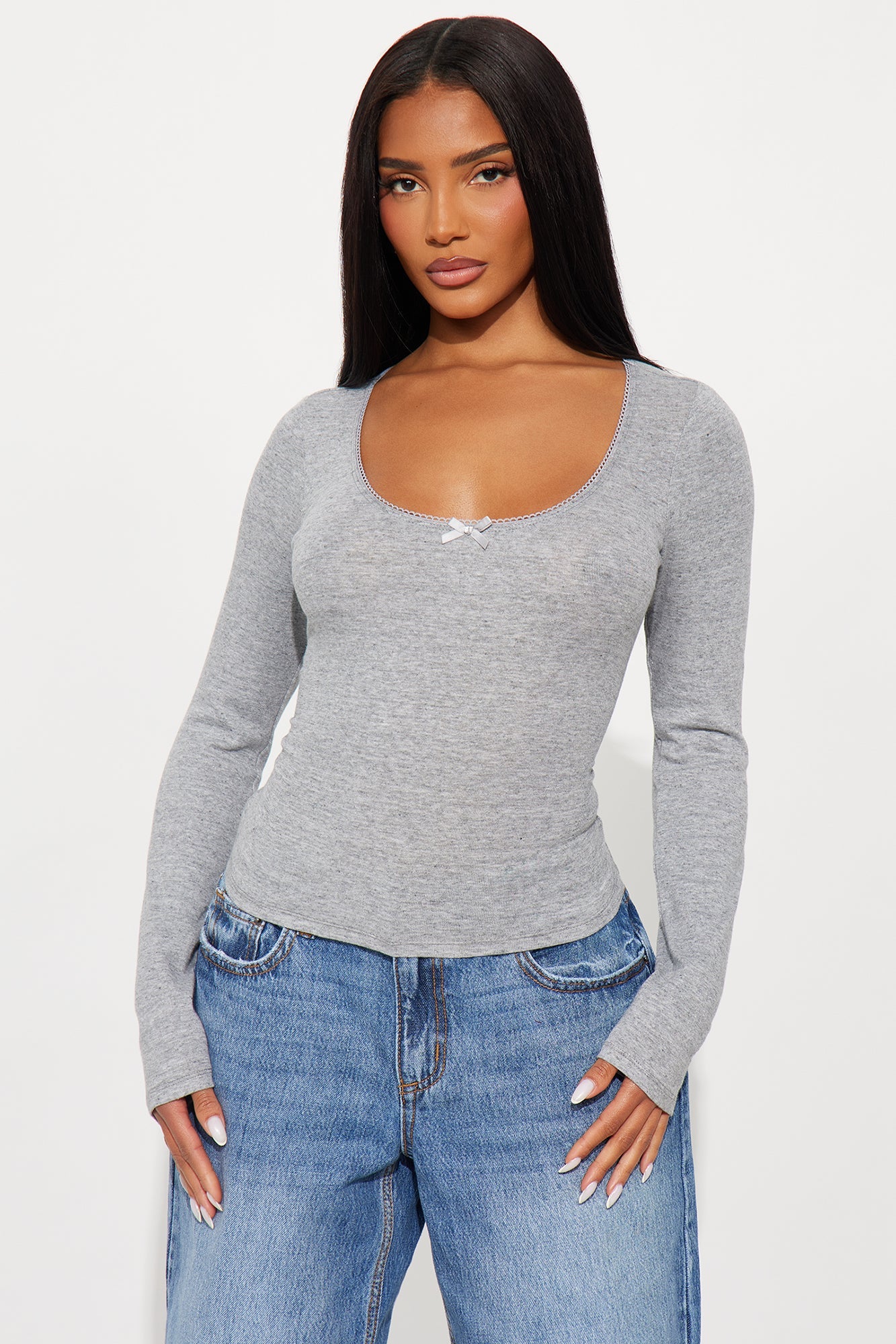Tanya Ribbed Long Sleeve Top - Heather Grey
