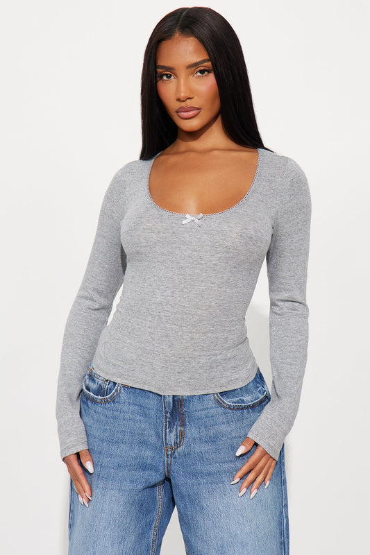 Tanya Ribbed Long Sleeve Top - Heather Grey
