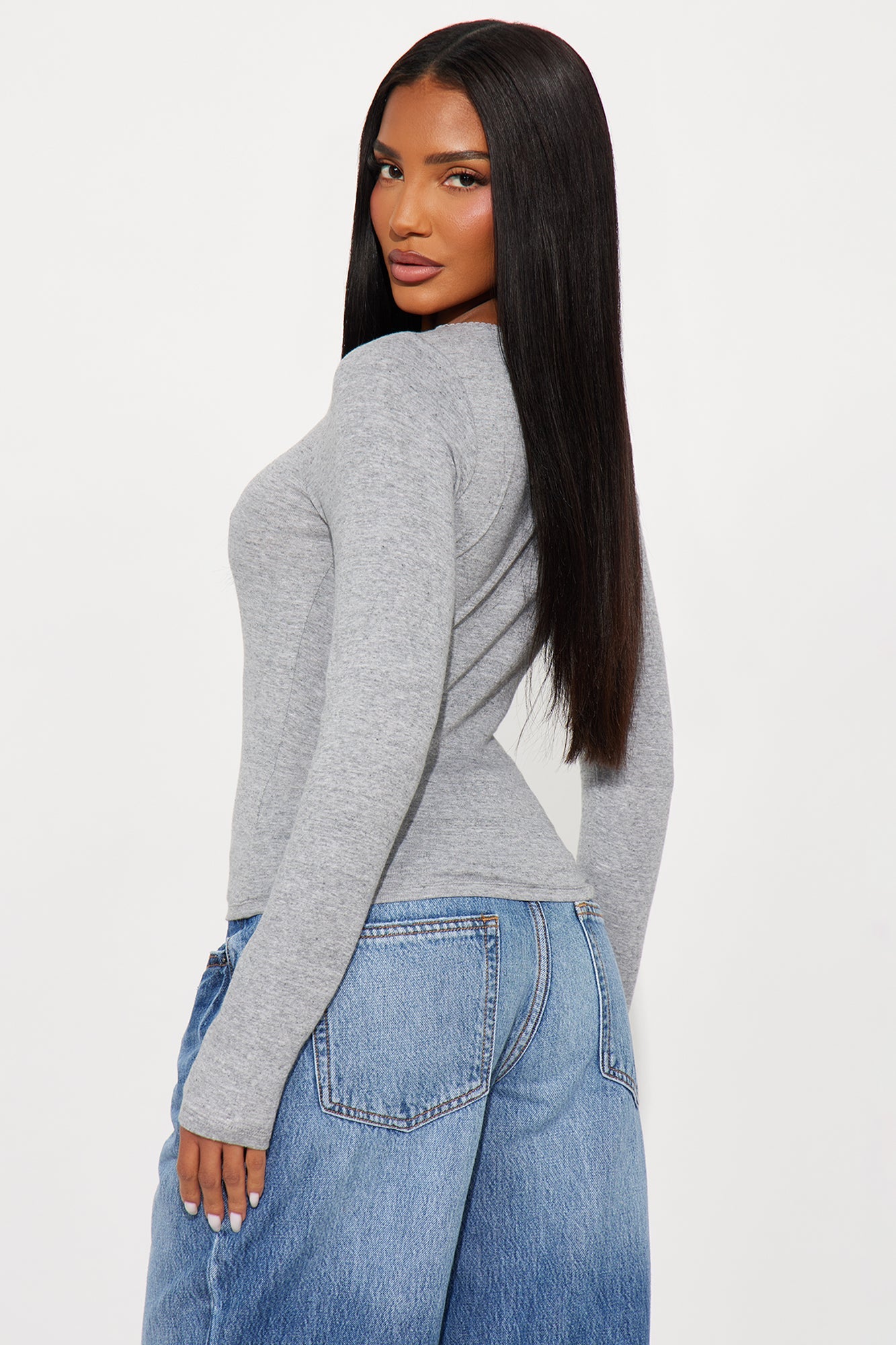 Tanya Ribbed Long Sleeve Top - Heather Grey